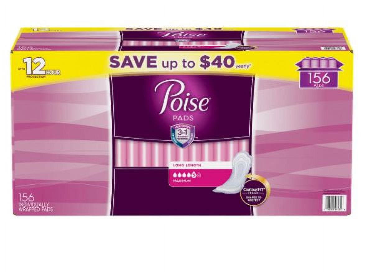 Poise Incontinence & Postpartum Pads, Maximum Absorbency, Long (156 ct.) Poise