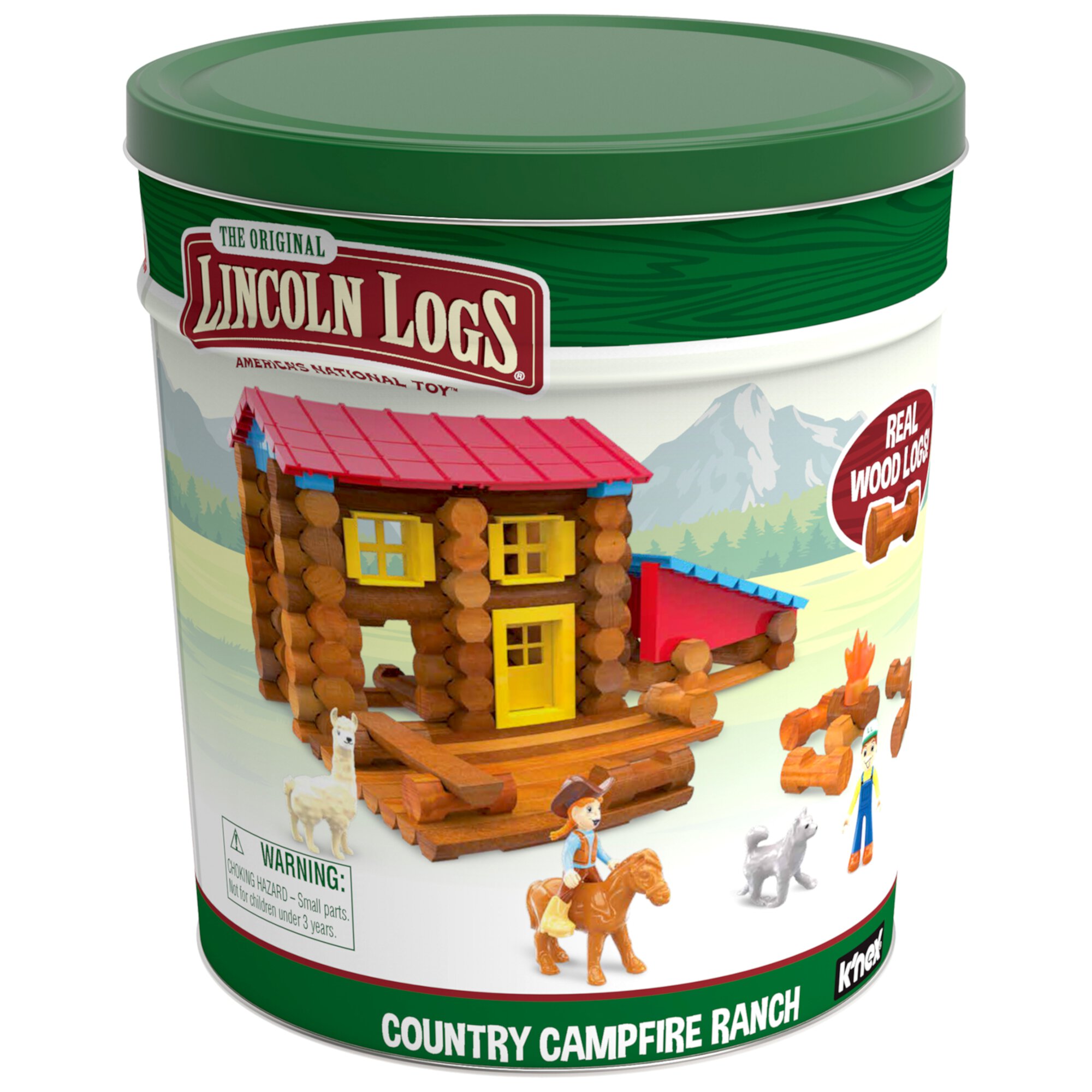 LINCOLN LOGS Country Campfire Ranch - Real Wood Logs - 124 Pieces - Collectible Tin - Exclusive Lincoln Logs