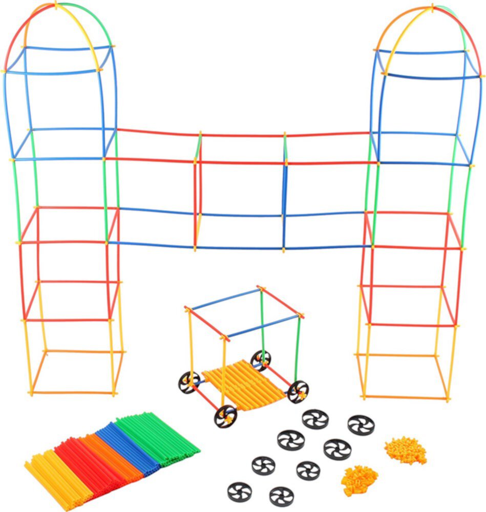 Building Toys For Kids 400 Set Straws and Connector + Wheels - Colorful and Strong Kids Construction Toys With Special Connectors - Great Gift Building Blocks For Boys And Girls - Original - By Play22 Play22