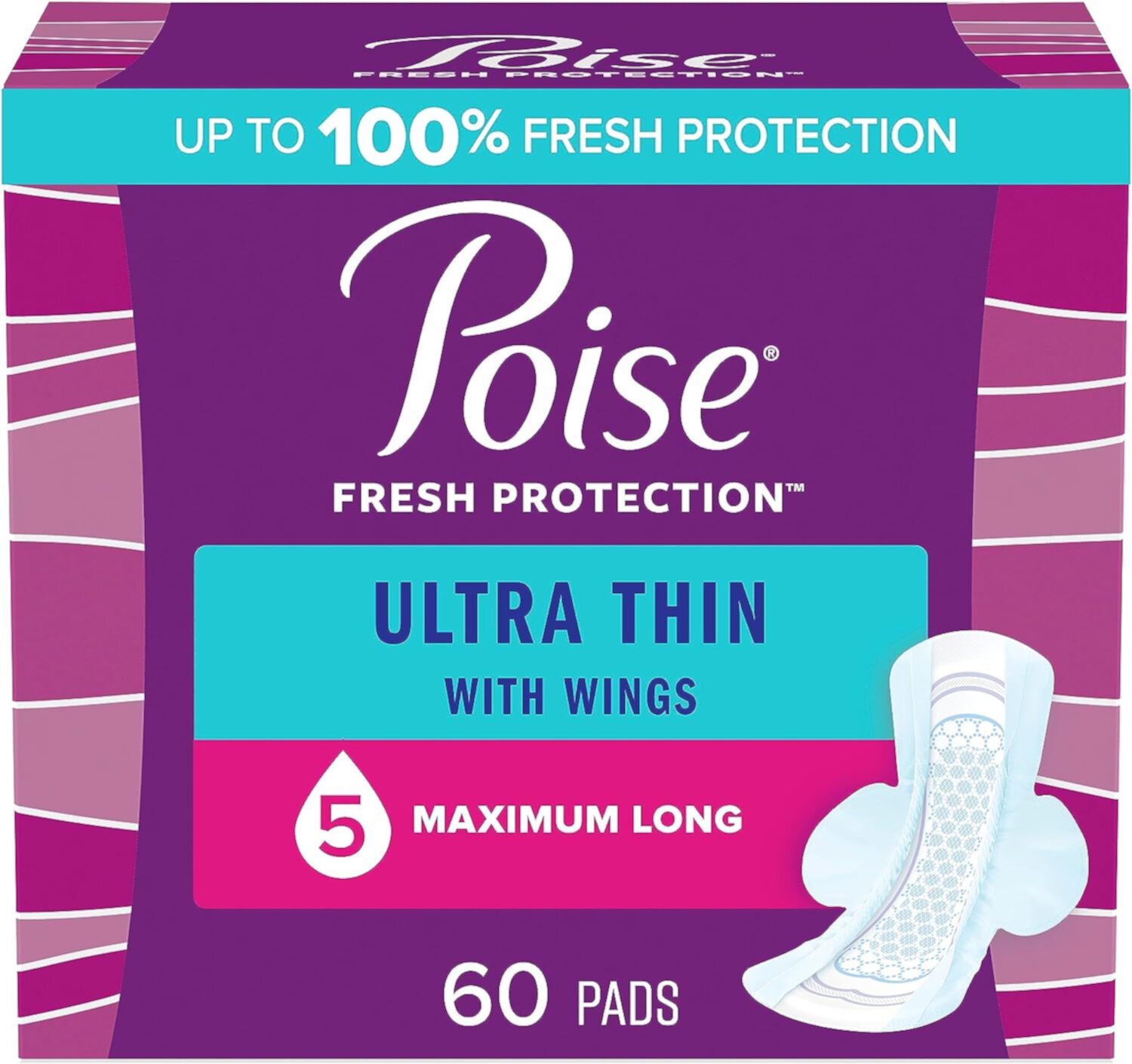 Poise Ultra Thin Incontinence Pads with Wings & Postpartum Incontinence Pads, 5 Drop Maximum Absorbency, Long Length, 60 Count, Packaging May Vary Poise