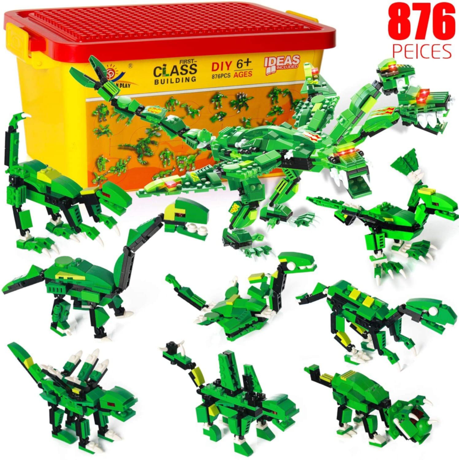 Dinosaurs Building Blocks, 876 Pcs 8 in 1, Exercise N Play STEM Creative DIY Construction Toy for Boys Girls with Storage Bucket EXERCISE N PLAY