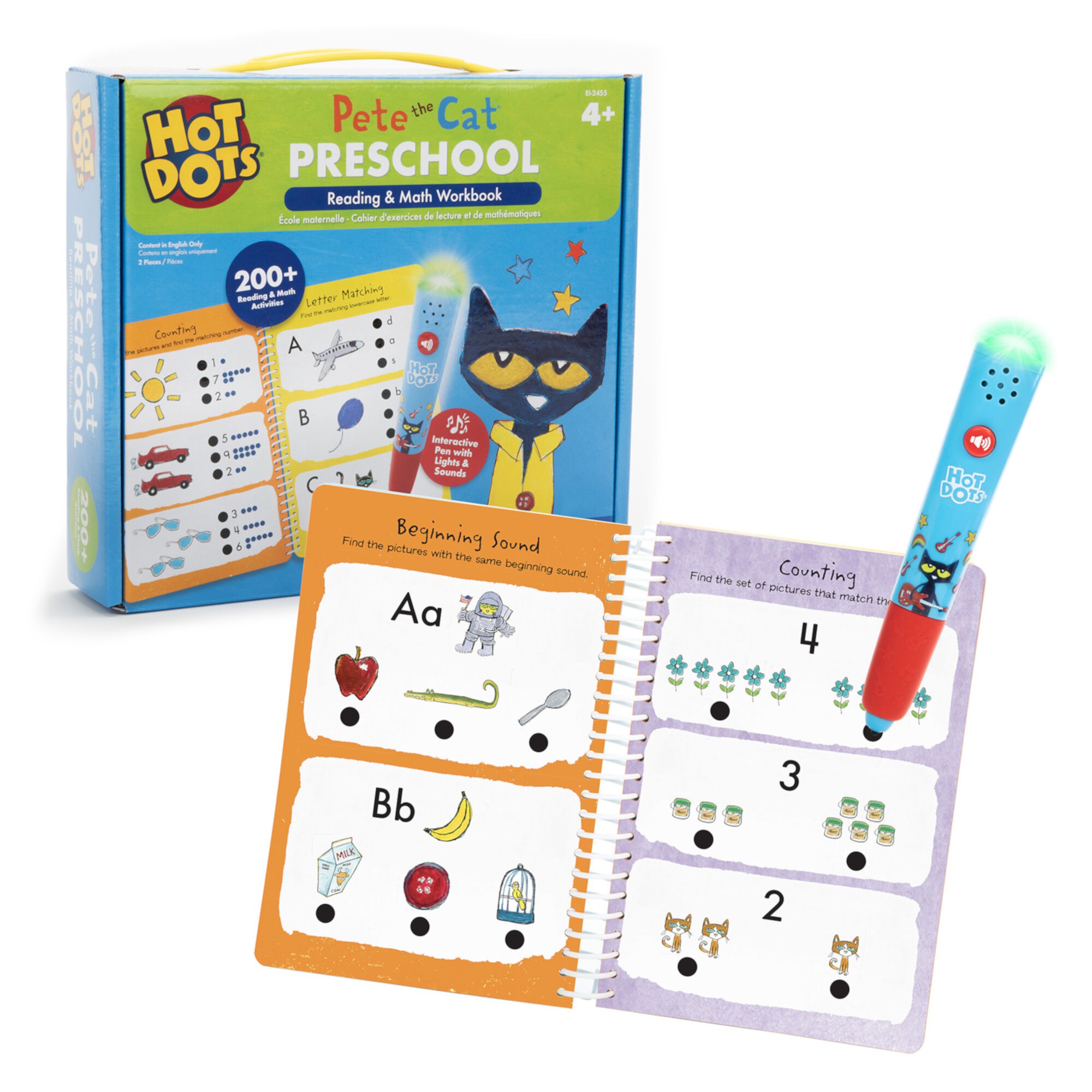 Educational Insights Hot Dots Pete the Cat Preschool Reading and Math Workbook for Kids Ages 4+, Preschool Activities for Boys and Girls Educational Insights