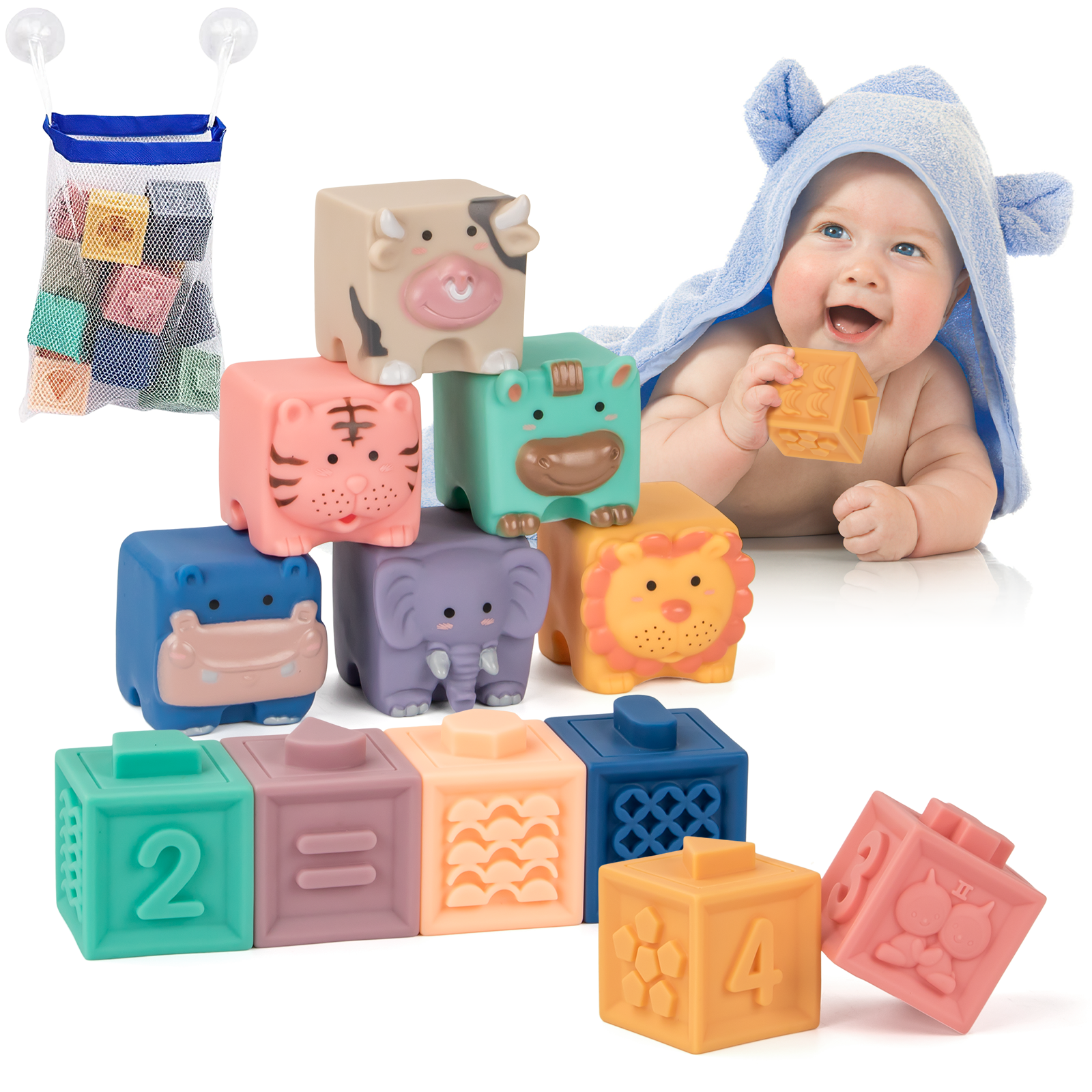 UNIH Baby Blocks, Soft Stacking Blocks with Animals Numbers Fruits Textures, Montessori Toys for Babies 6-12 Months and Up (12Pcs) UNIH