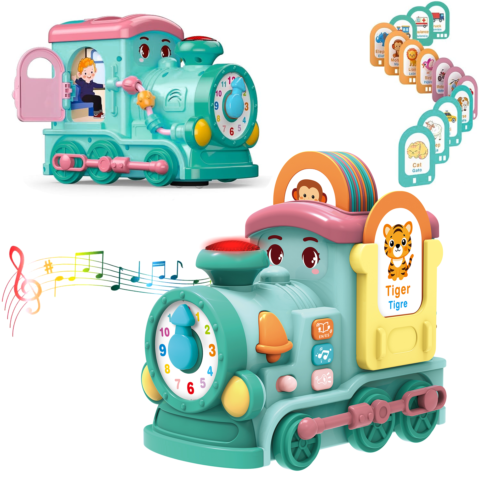 Richgv Musical Train Toy with Talking Flash Cards, Montessori Toys for 1 Year Boys Girls Gift, Crawling Toddler Toys Learning Toys with Music Sound Richgv