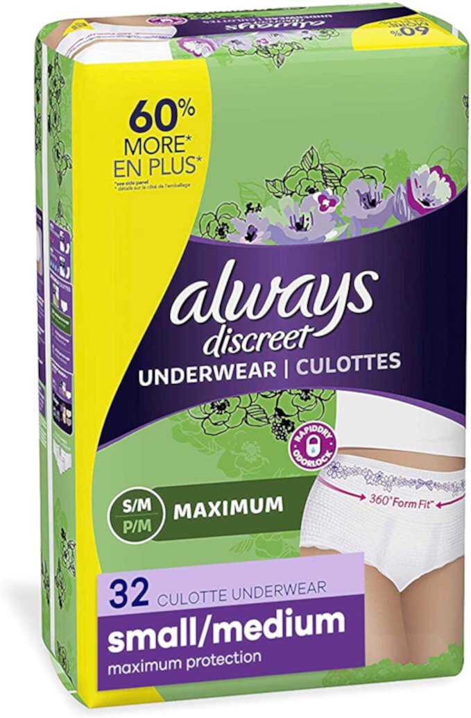 Always Discreet Incontinence & Postpartum Incontinence Underwear for Women, Small/Medium, Maximum Protection, 32 Count Always Discreet