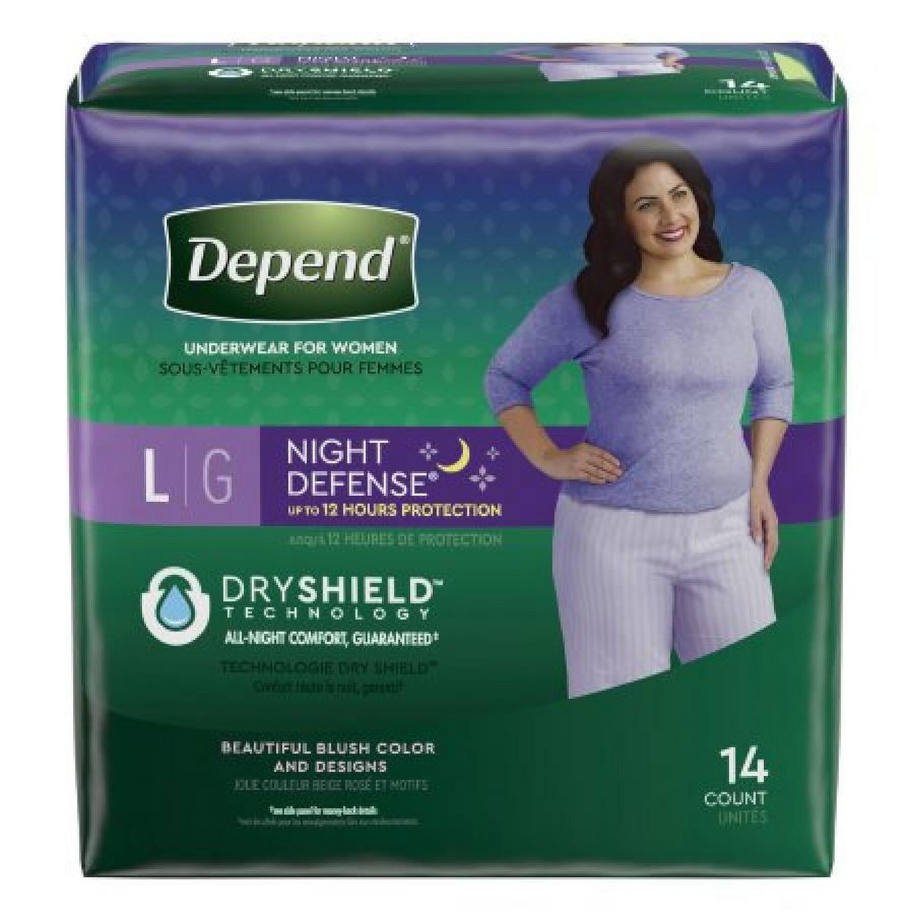 Depend Night Defense Underwear For Women, Female, Large, 38 to 44 In. Waist, Pull On, Blush, Heavy Absorbency, Overnight, Disposable, Pack of 14, 2 Count Depend