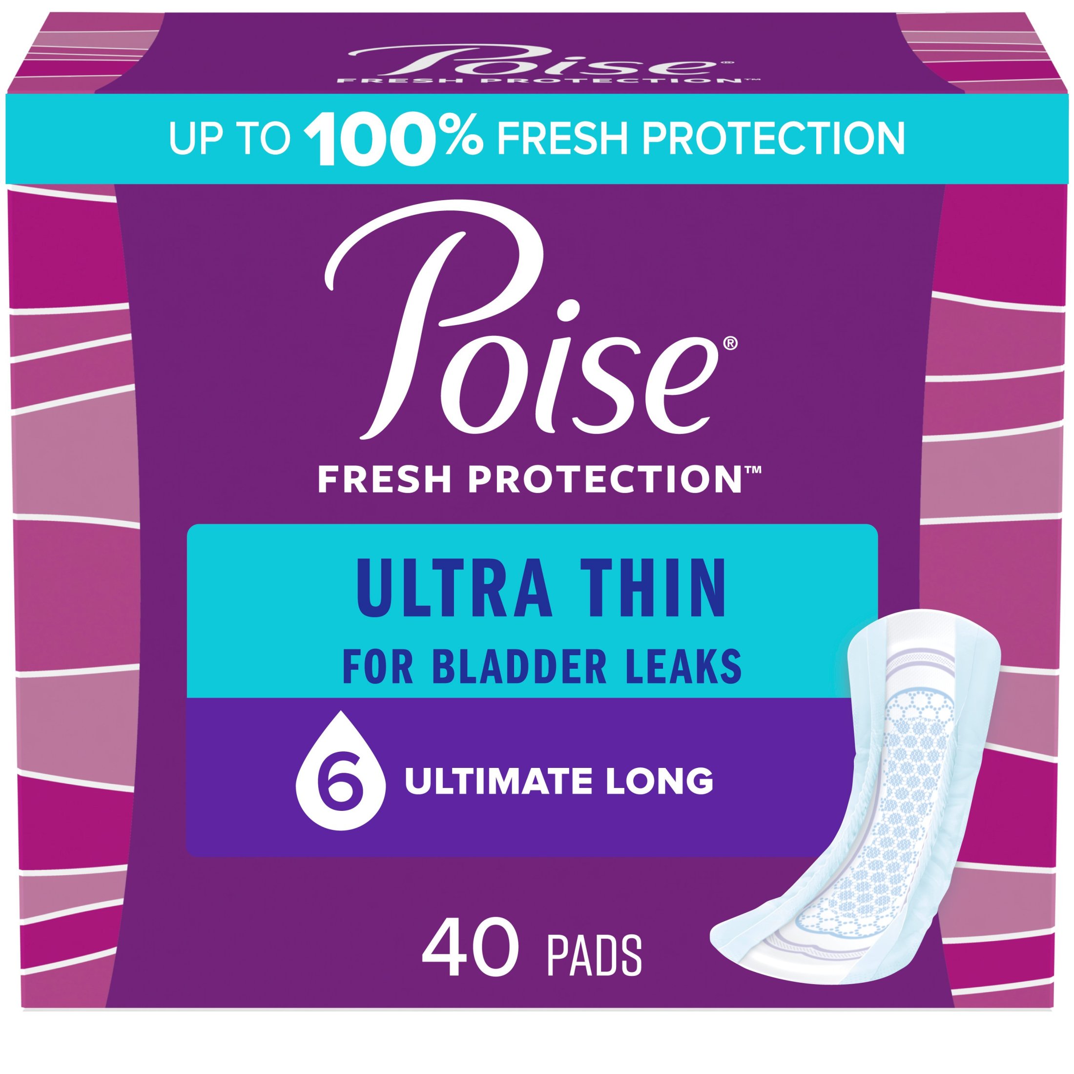 Poise Ultra Thin Incontinence Pads for Women, 6 Drop, Ultimate Absorbency, Long, 40 Count Poise