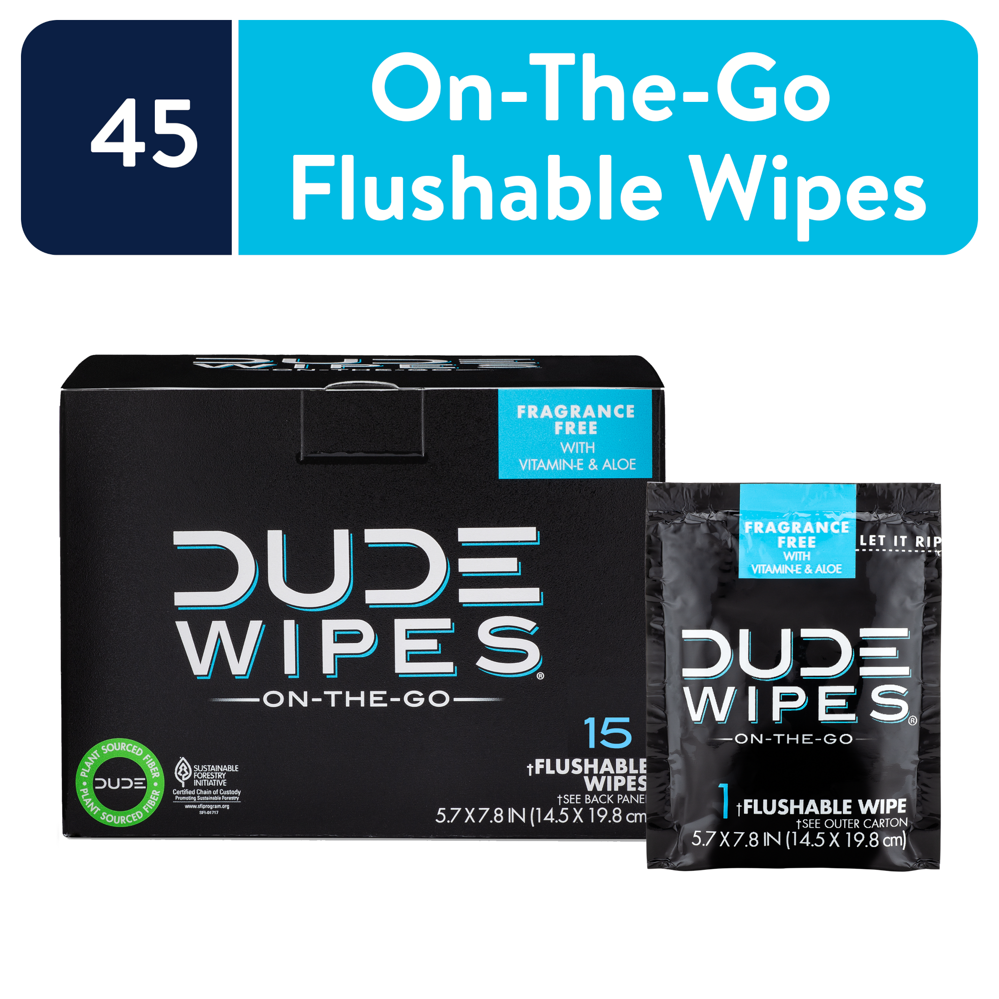 DUDE Wipes Flushable Wipes, Unscented XL On-The-Go Wet Wipes to Use with Toilet Paper, 15 Ct, 3 Pack DUDE