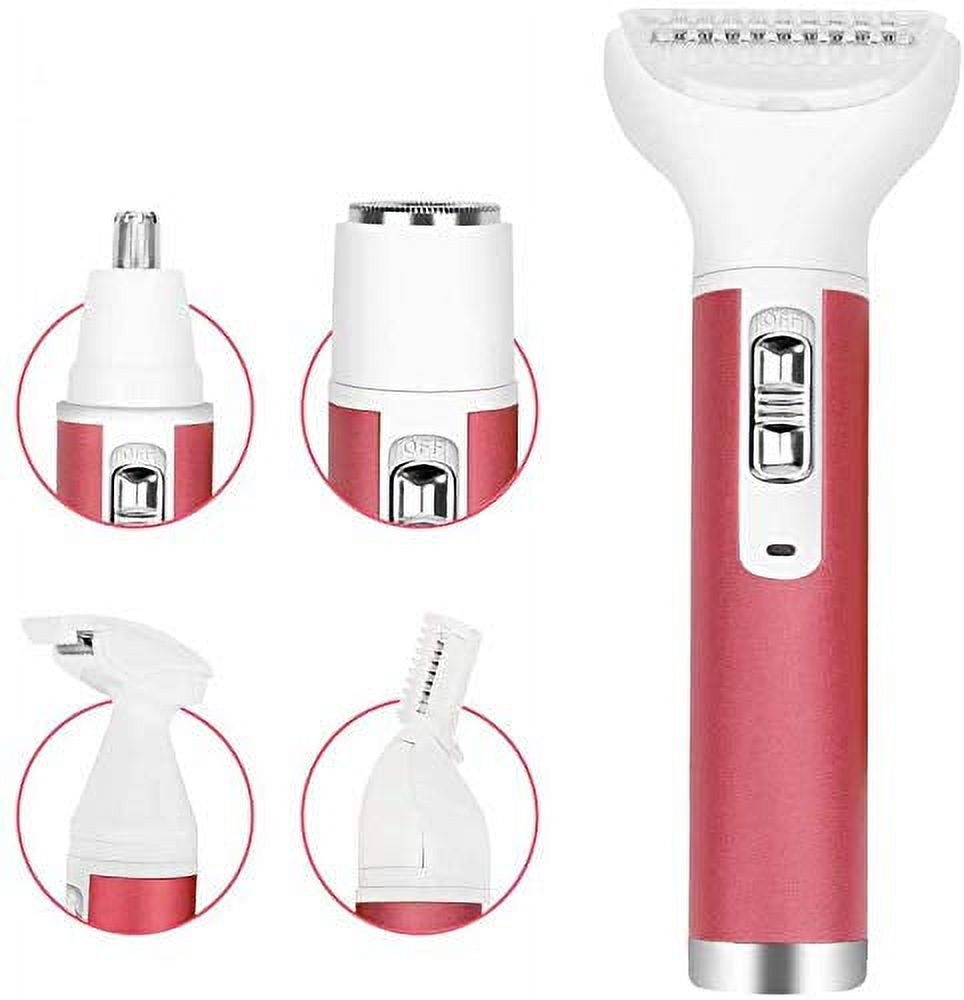 Hair Remover for Women,Painless 5 in 1 Electric Shaver USB Rechargeable,Eyebrow Nose Trimmer,Body Waterproof Bikini Facial Hair Removal for Women (Pink) Zendure