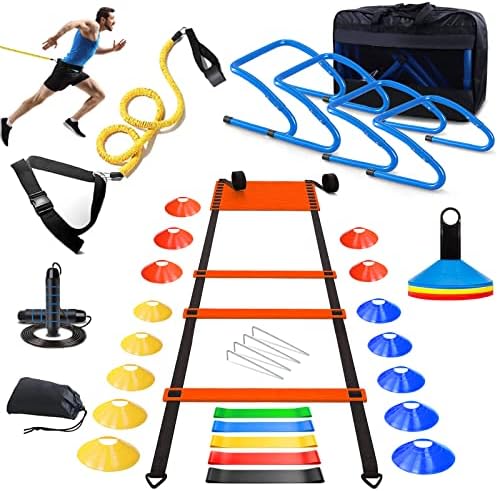 Soccer Agility Training Equipment |Football Training Equipment for Youth Includes 20FT Agility Ladder,4 Speed Adjustable Hurdles, 15 Cones, Resistance Rope for Training Athletes & Kids Haootadiy