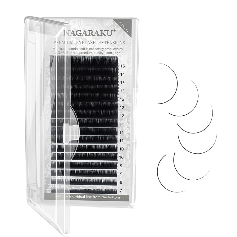 NAGARAKU Eyelash Extensions Individual Lashes 0.15 DD curl 7-15mm Mix Tray Classic Matte Black Soft Natural Faux Mink 16 rows NAGARAKU