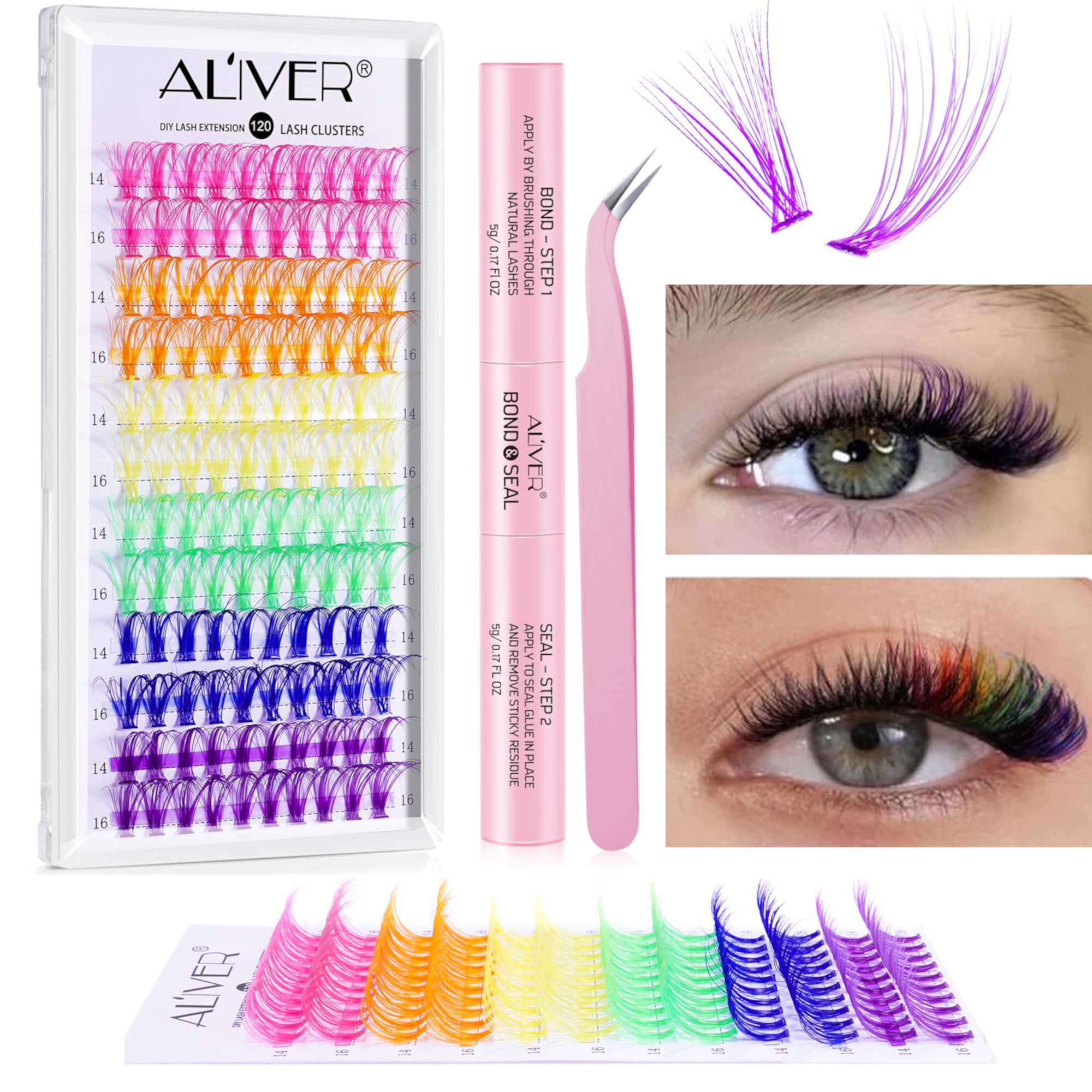 Aliver Colored Lash Clusters A05(120) Colorful False Eyelash Extensions Kit 120 Clusters 14-16MM 6 Colors with Eyelash Adhesive, DIY Eyelash Extensions, Soft Fiber & Long Lasting ALIVER