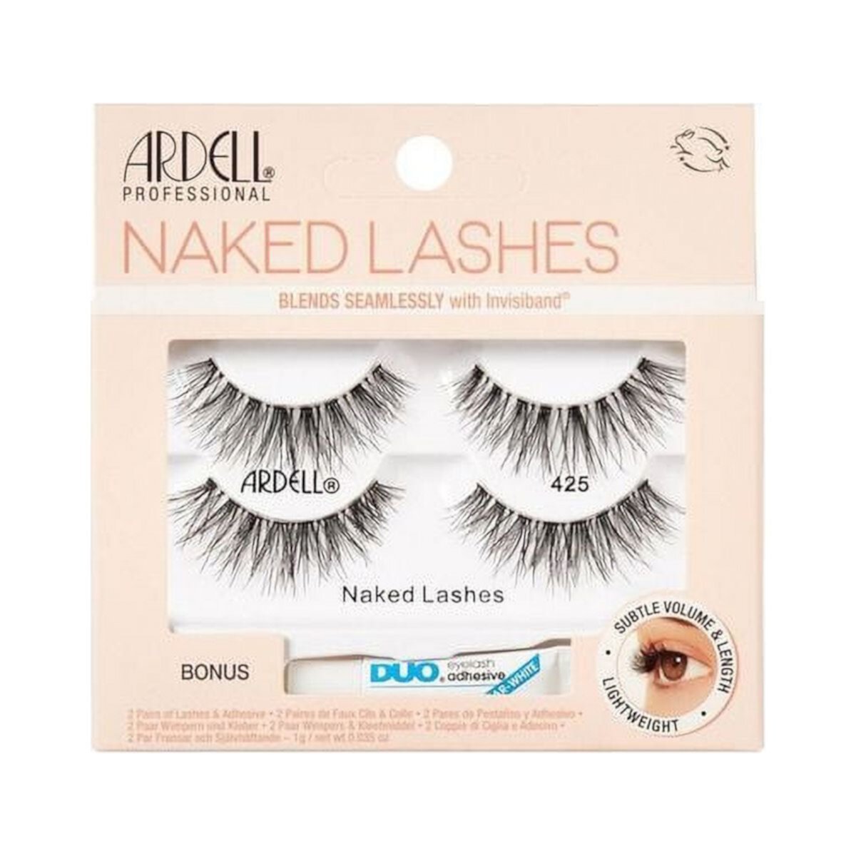 Ardell Naked Lashes 425, 2 Pairs, with DUO Clear-White Adhesive, Subtle Volume & Length ARDELL