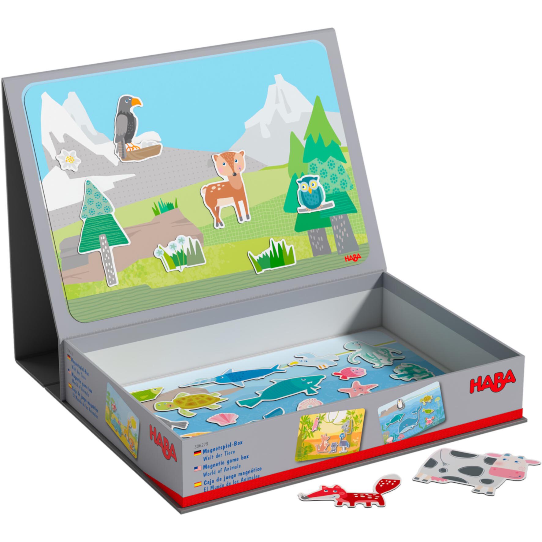 HABA Magnetic Game Box World of Animals in Their Habitats - 62 Magnetic Pieces in Cardboard Carrying Case with 4 Background Scenes Haba