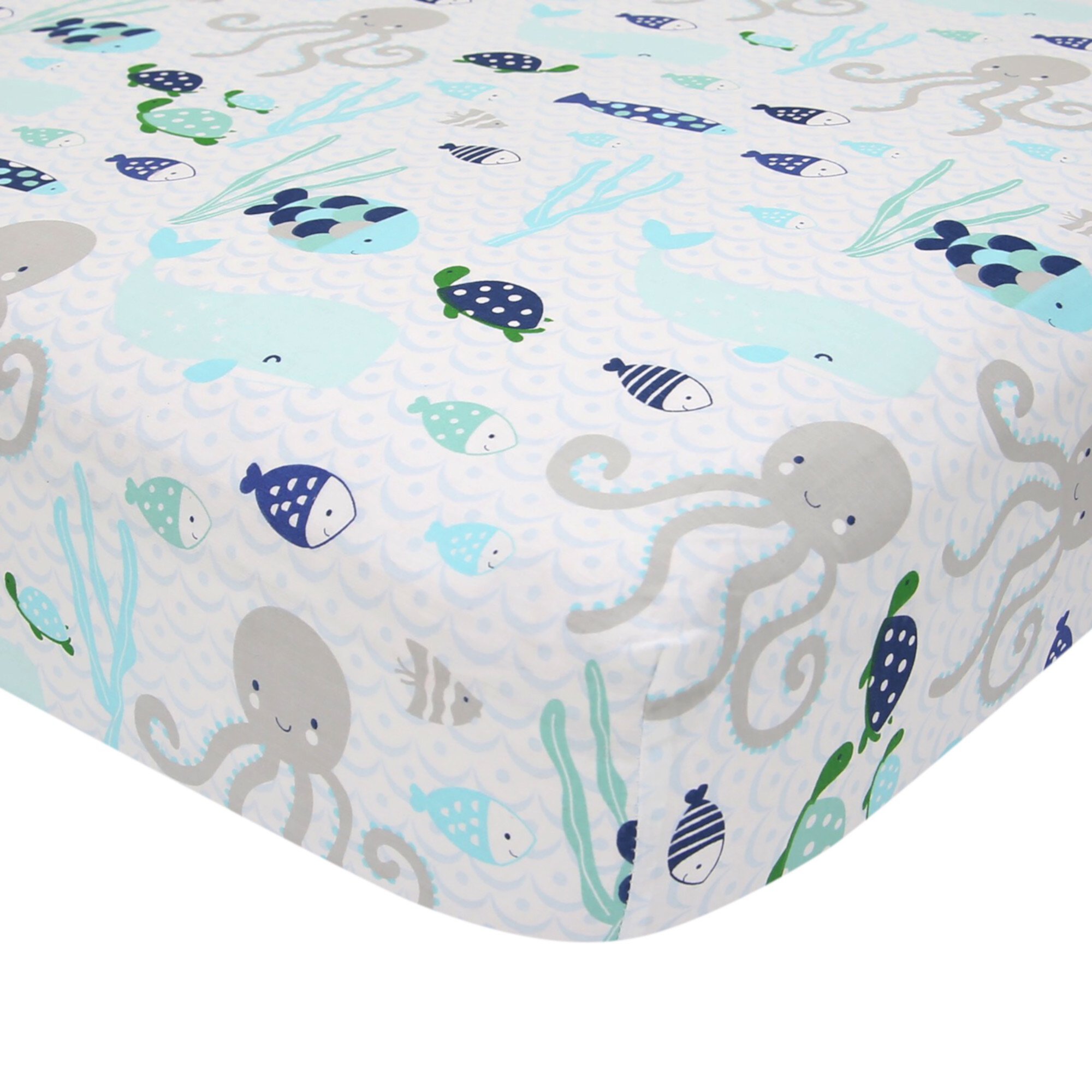 Lambs & Ivy Oceania Cotton Fitted Crib Sheet - Blue, Gray, White, Aquatic Lambs & Ivy