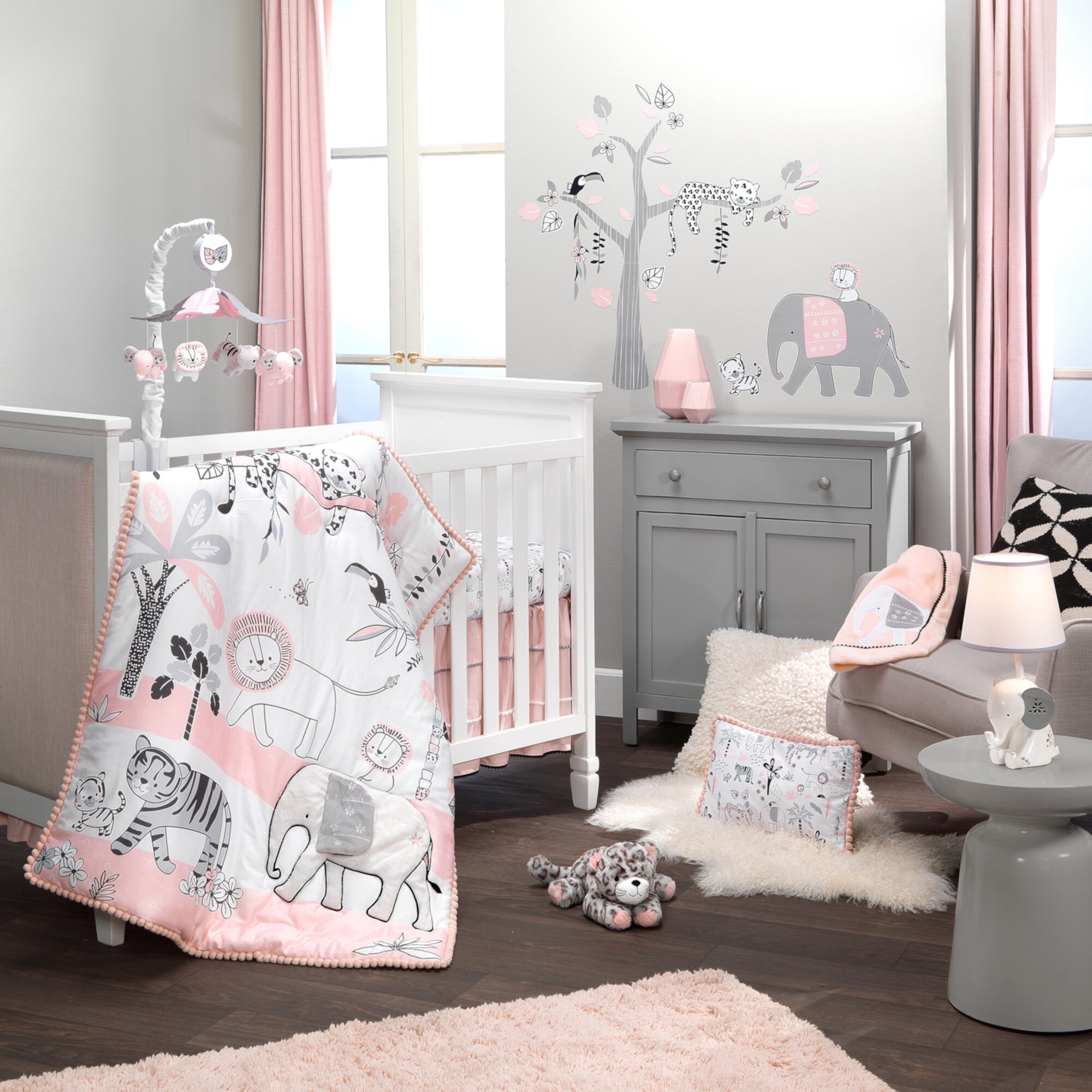 Lambs & Ivy Happy Jungle Pink/White Safari Nursery 5-Piece Crib Bedding Set Lambs & Ivy