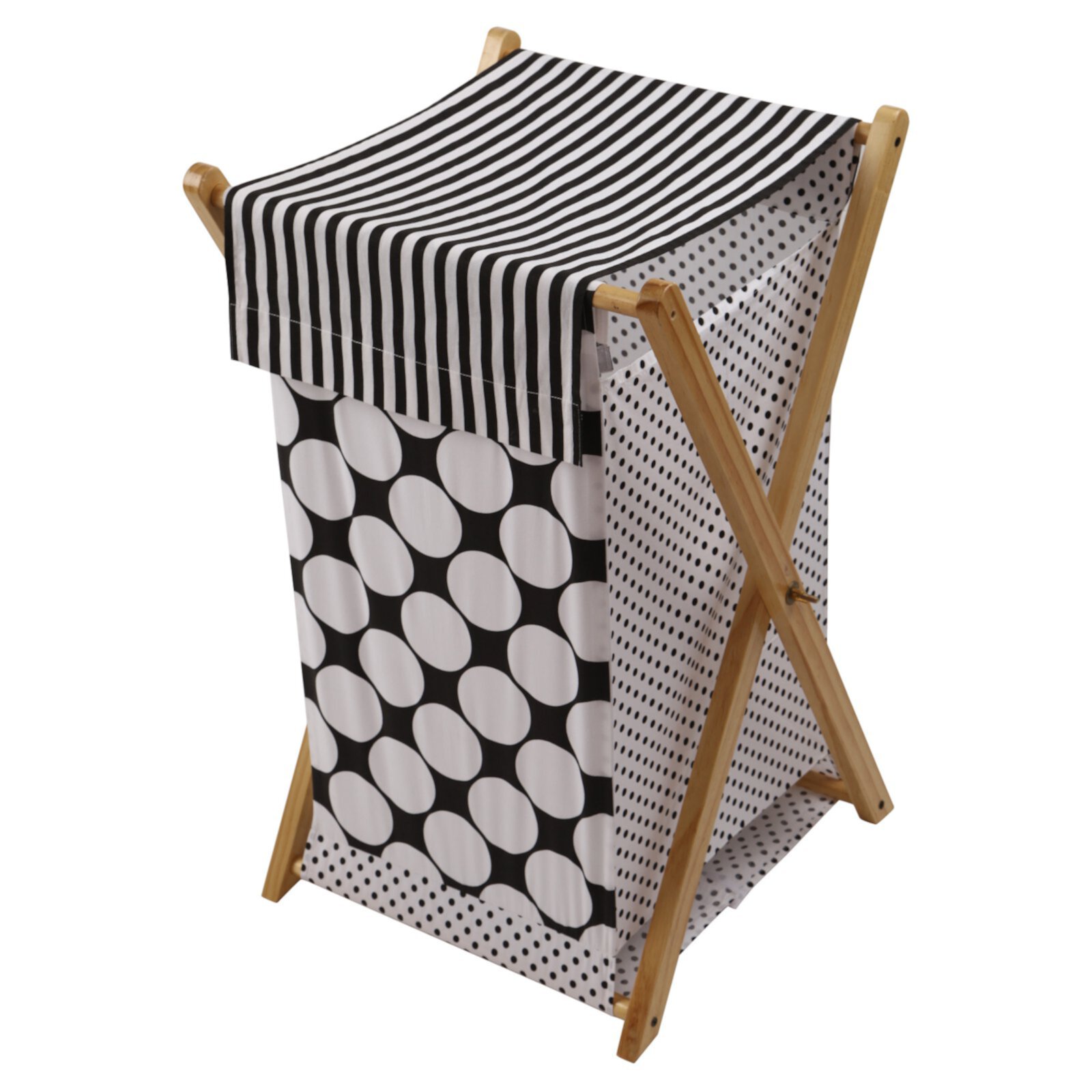 Bacati - Dots/Pin Stripes Hamper with Cotton Percale cover, mesh liner and Natural Color Wooden frame, Black/White Bacati