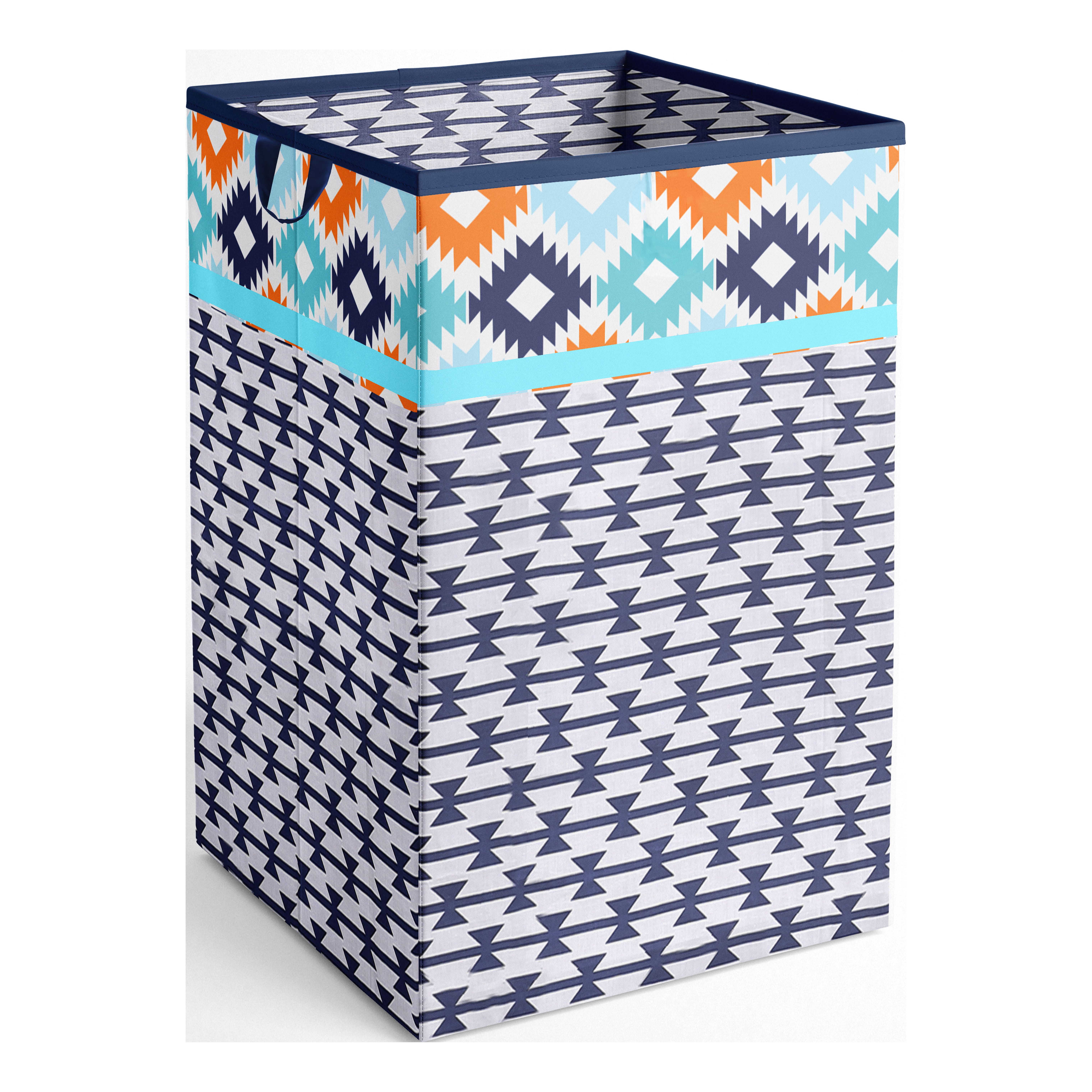 Bacati Collapsible Cotton Percale Fabric Laundry Hamper, Aztec Liam Aqua Bacati