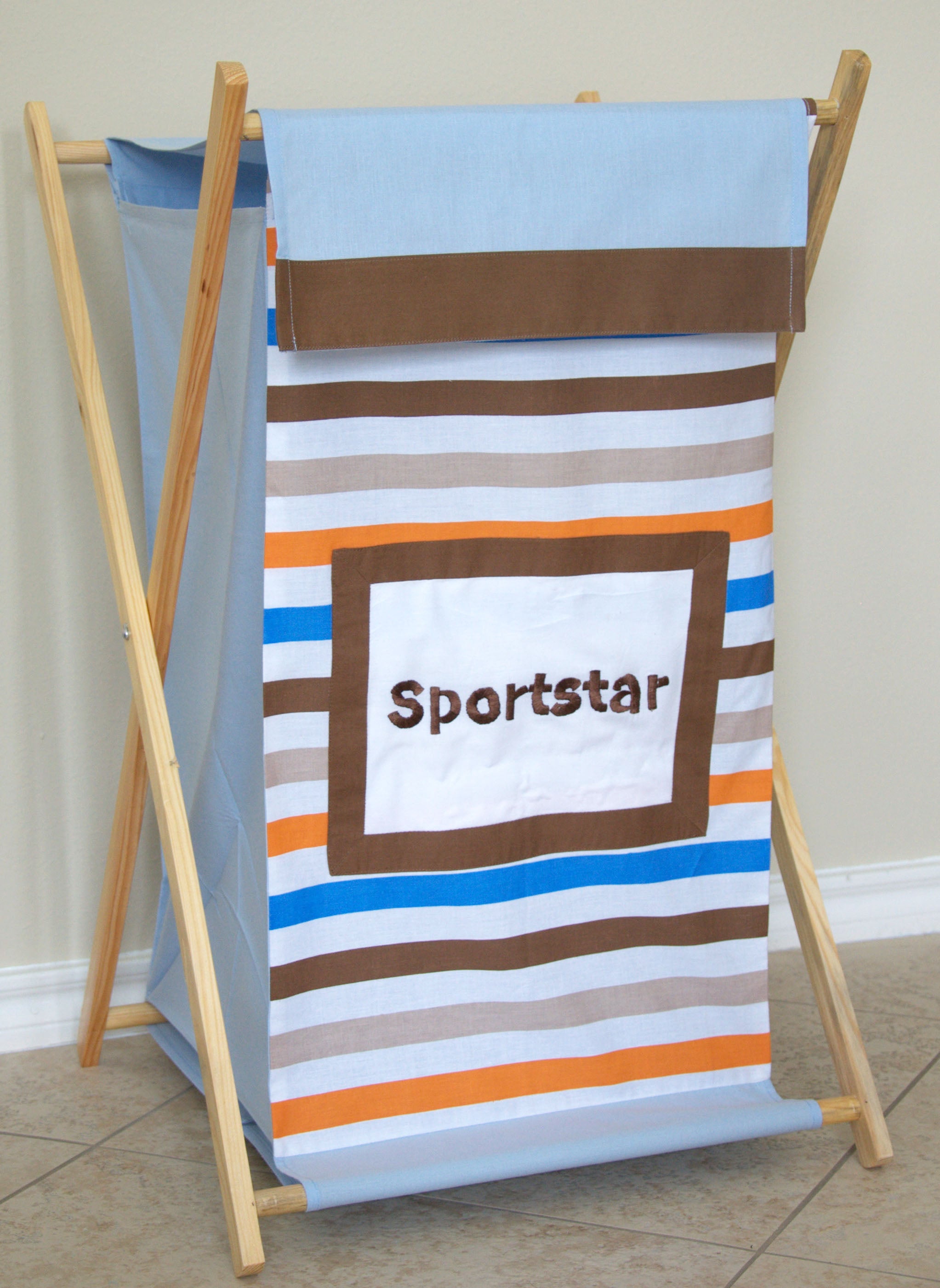 Bacati - Mod Sports Boys Laundry Hamper with Wooden Frame Blue Orange Beige Bacati