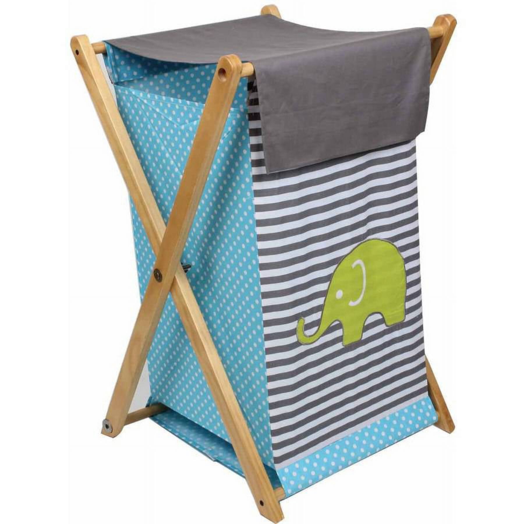 Bacati - Elephants Hamper with Cotton Percale cover, mesh liner and Natural Color Wooden frame, Aqua/Lime/Gray Bacati