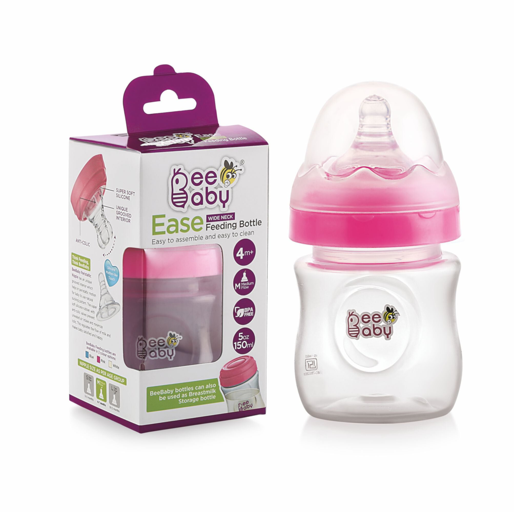 BeeBaby Ease Wide Neck Feeding Bottle 150ML / 5Oz. -Pink BeeBaby