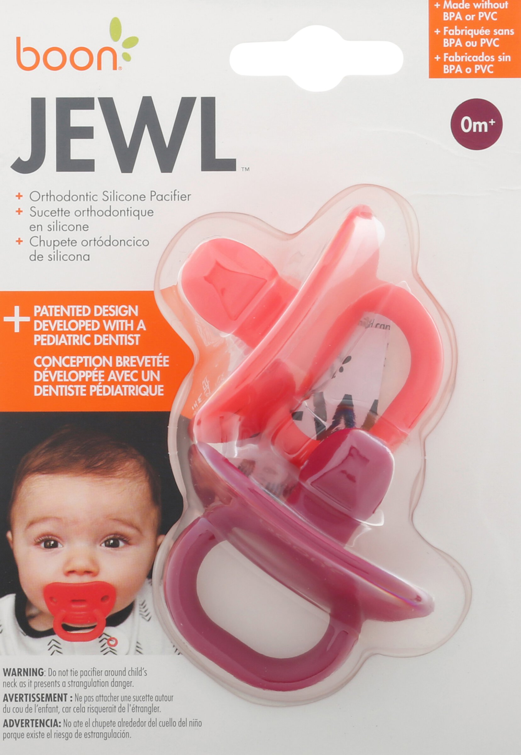 Boon Jewl Orthodontic Silicone Stage 1 Pacifier, Pink, (Pack of 2) Boon