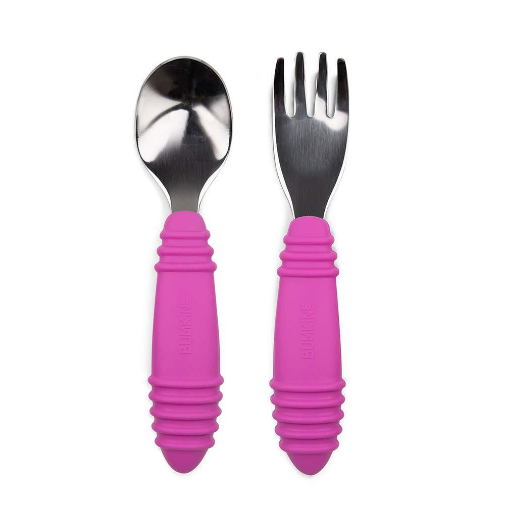 Bumkins Toddler Fork and Spoon Set, Stainless Steel & Silicone Utensils for Babies and Kids 18 Mos+ Fuchsia Bumkins