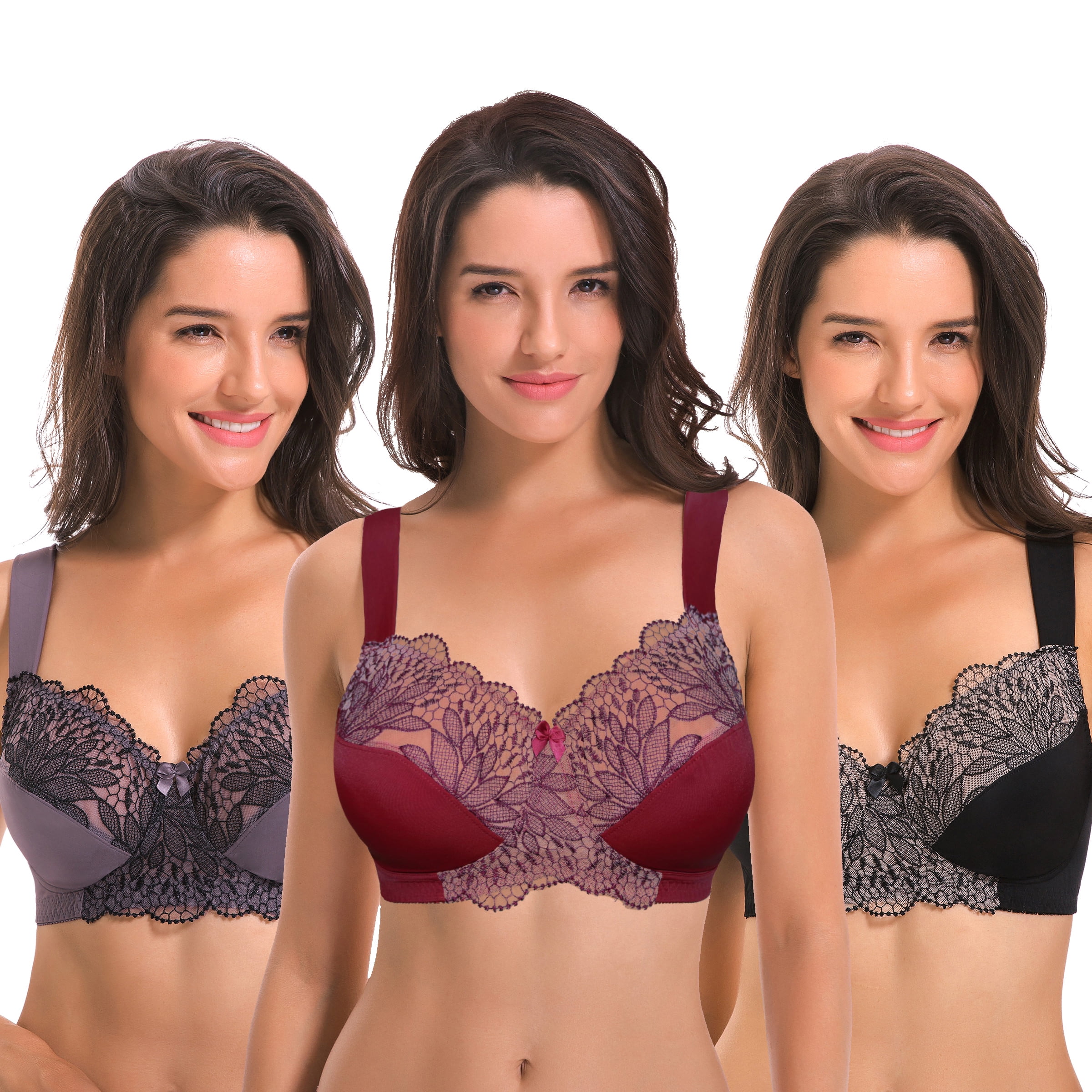 Curve Muse Plus Size Unlined Minimizer Wirefree Bras with Embroidery Lace-3Pack-GREY-BURGUNDY-BLACK-38DD Curve Muse