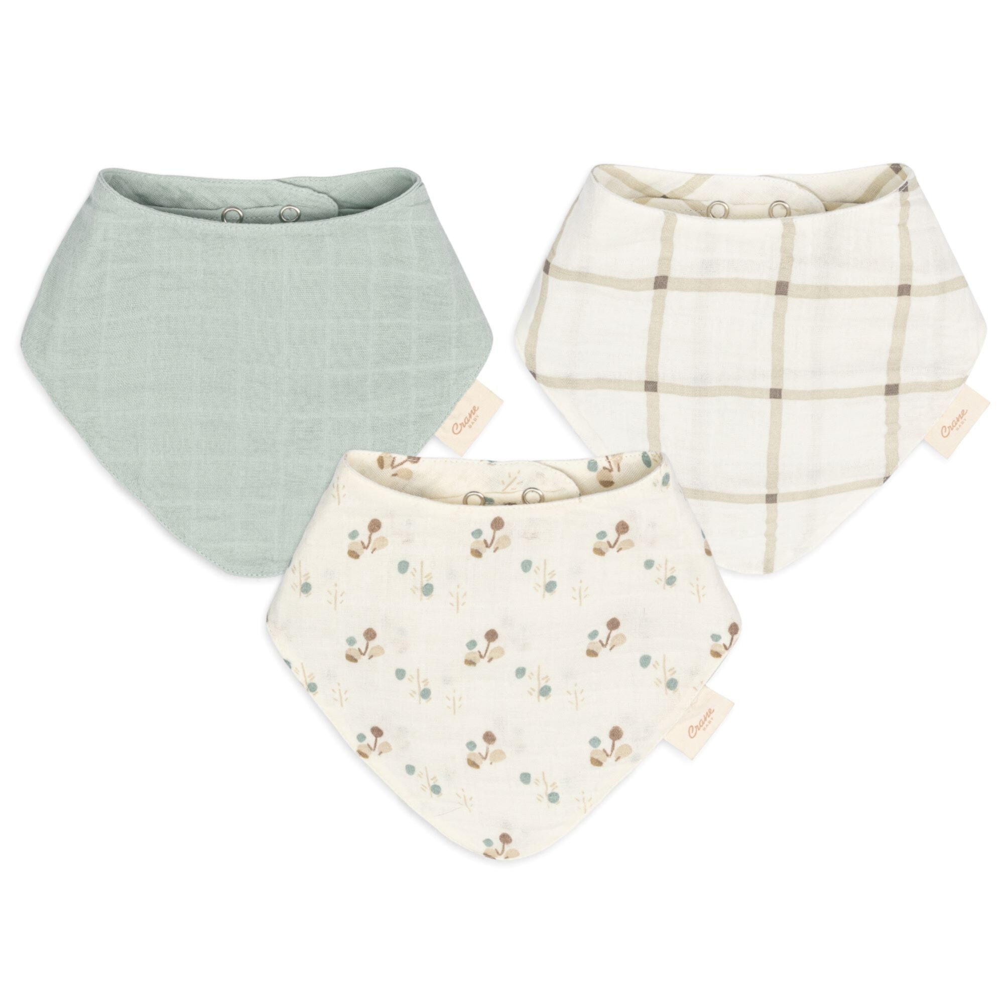 Crane Baby Organic Cotton 3-Piece Adjustable Fit Bandana Baby Bib Set, White, Unisex Baby Bibs Crane Baby