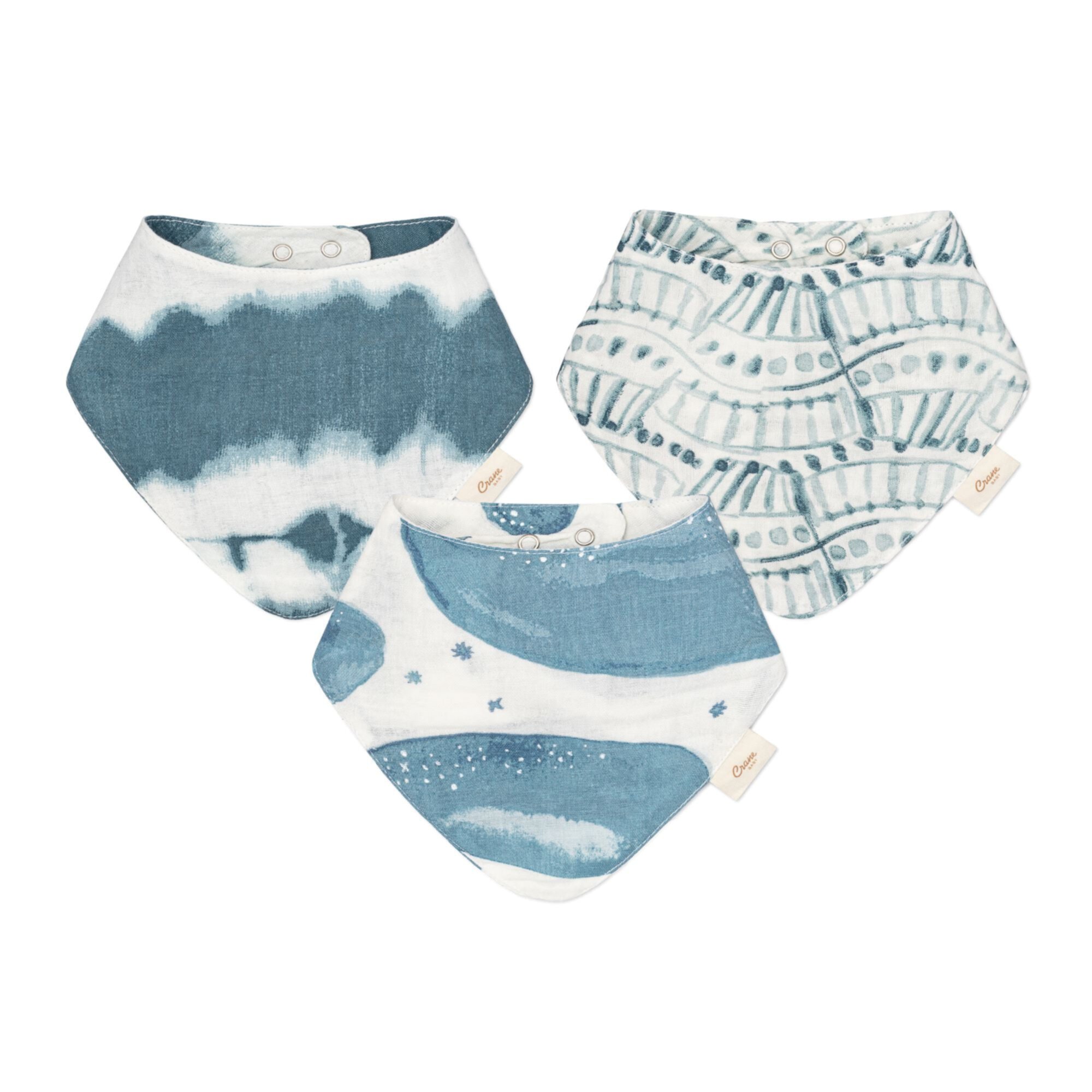 Crane Baby Ocean Muslin Bandana Baby Bib Set, Blue, 3 Piece Bib Set For Boys and Girls Crane Baby