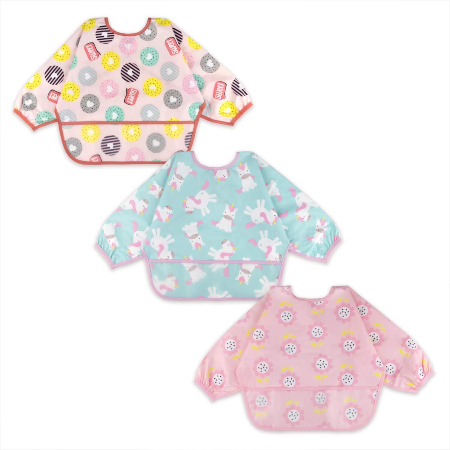 3 Pcs Long Sleeved Bib Set | Baby Waterproof Bibs with Pocket Bundle | Toddler Bib with Sleeves and Crumb Catcher | 6-24 Months Kiddopark