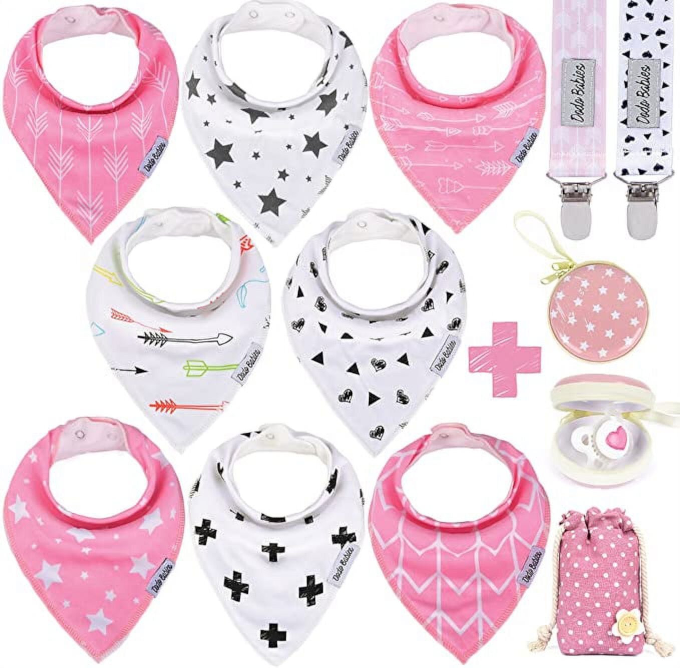 Dodo Babies Bandana Drool Bib Set – Eight 100% Cotton Bibs with Soft Polyester Lining, 2 Pacifier Clips, Binky Case, Blue Gift Bag for Baby Girl or Boy Shower – Adjustable Snap Fit for 3-24 Months Dodo Babies