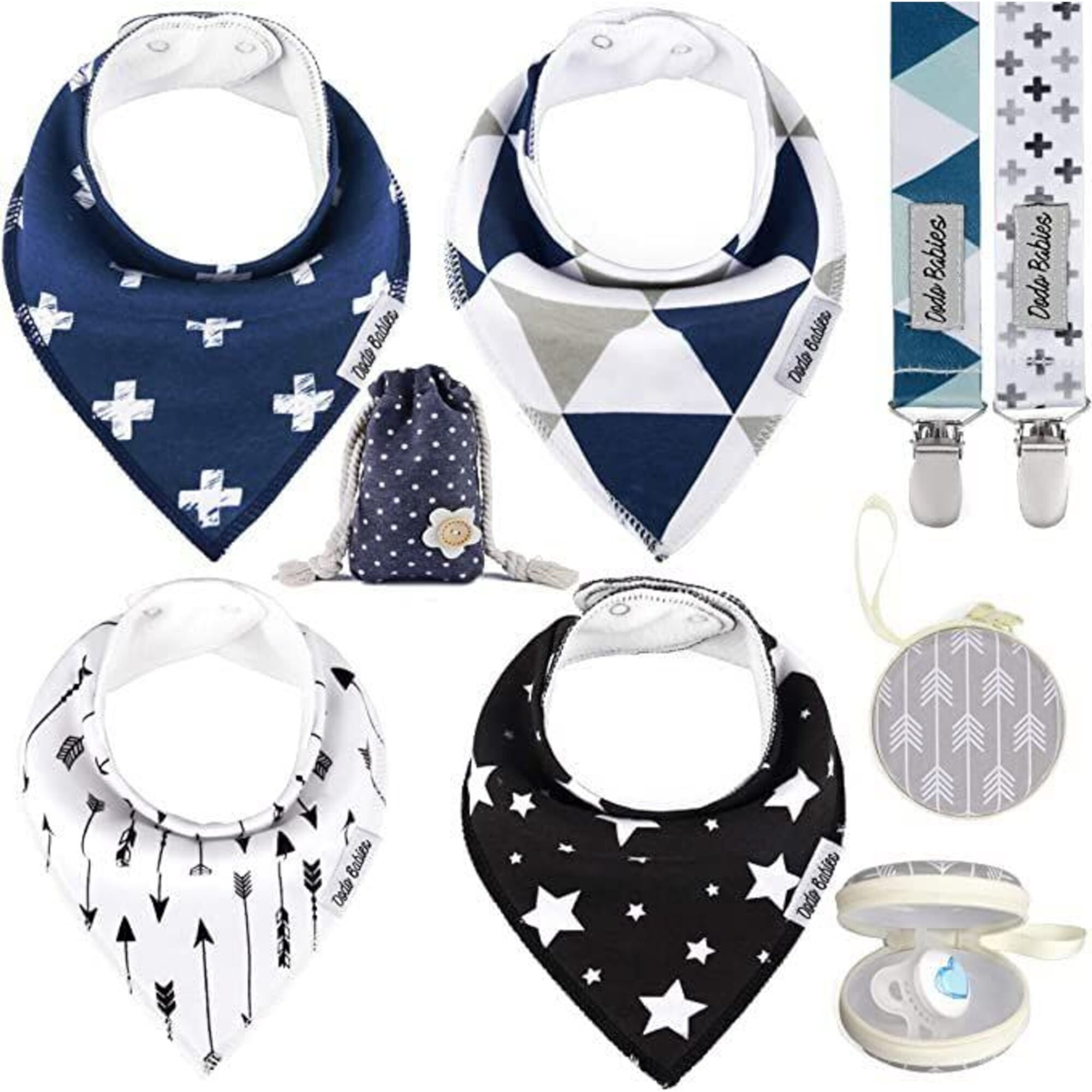 Dodo Babies Bandana Drool Bib Set – Four 100% Cotton Bibs with Soft Polyester Lining, 2 Pacifier Clips, Binky Case, Navy Dot Gift Bag for Baby Girl or Boy Shower – Adjustable Snap Fit for 3-24 Months Dodo Babies