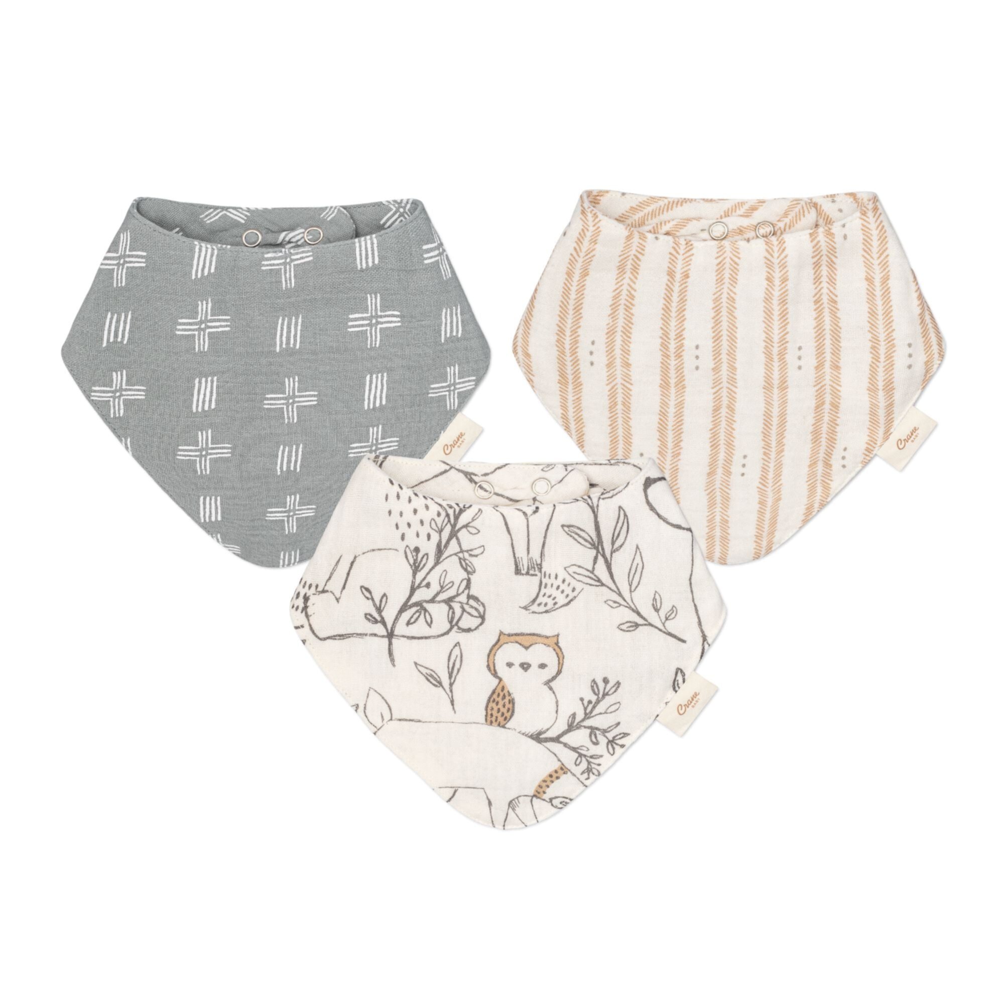 Crane Baby Ezra Unisex Adjustable Fit 100% Cotton 4 Layer Muslin Bandana Bib, Woodland Animal, Infant, 3 Piece Crane Baby