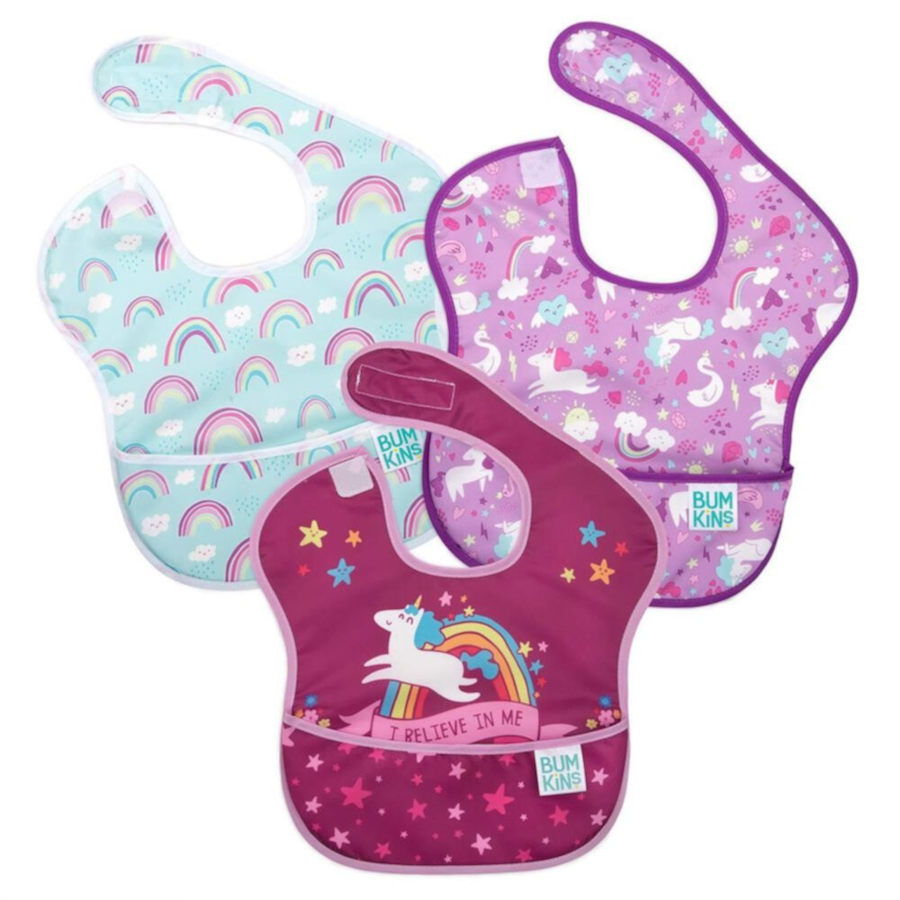 Bumkins Baby Bibs, SuperBib 3-Pack, Baby & Toddler Ages 6-24 Mos (Rainbows & Unicorns) Bumkins