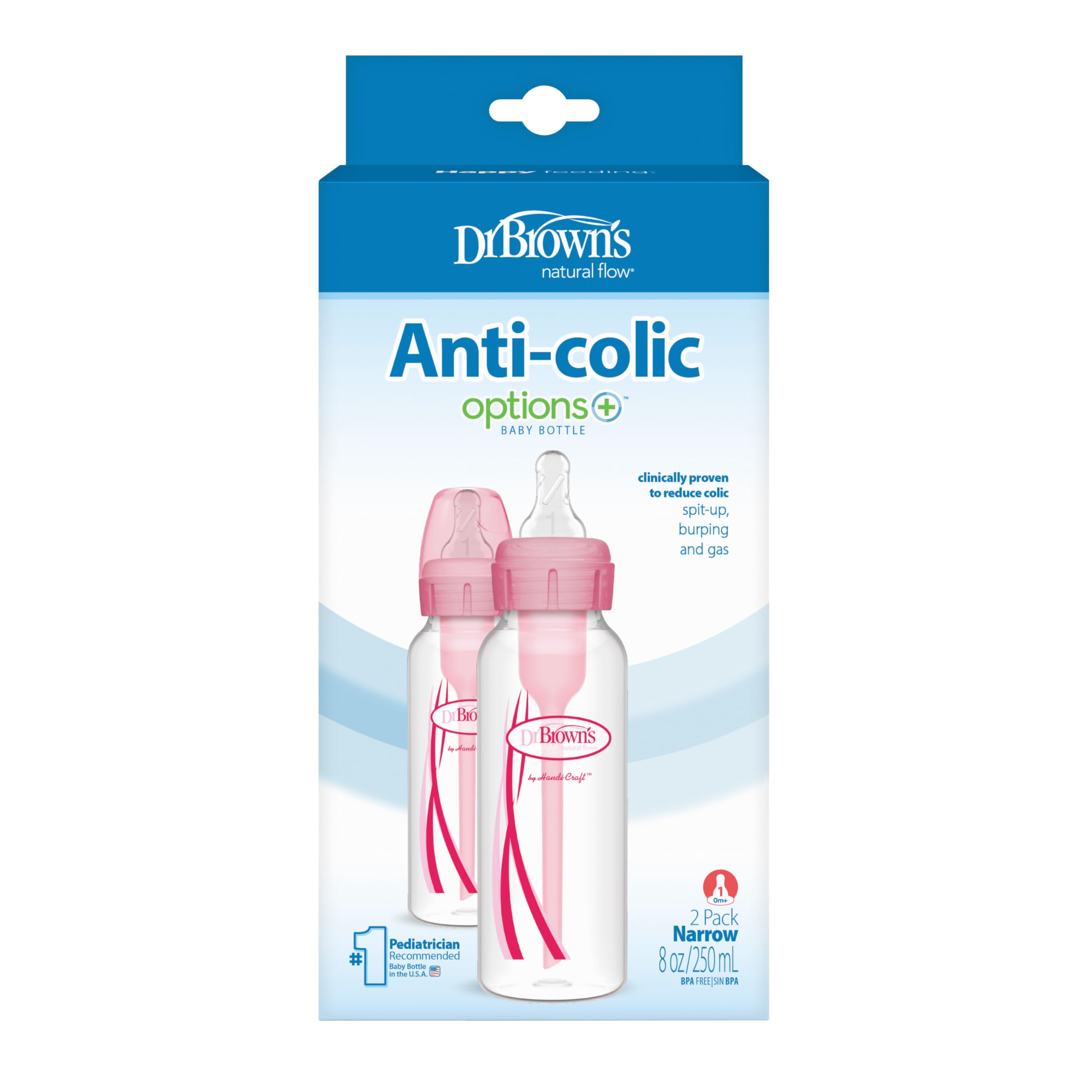 Dr. Brown's Natural Flow Anti-Colic Options+ Narrow Baby Bottles, 8oz/250mL, with Level 1 Slow Flow Nipples, 2-Pack, Pink, 0m+ Dr. Brown's