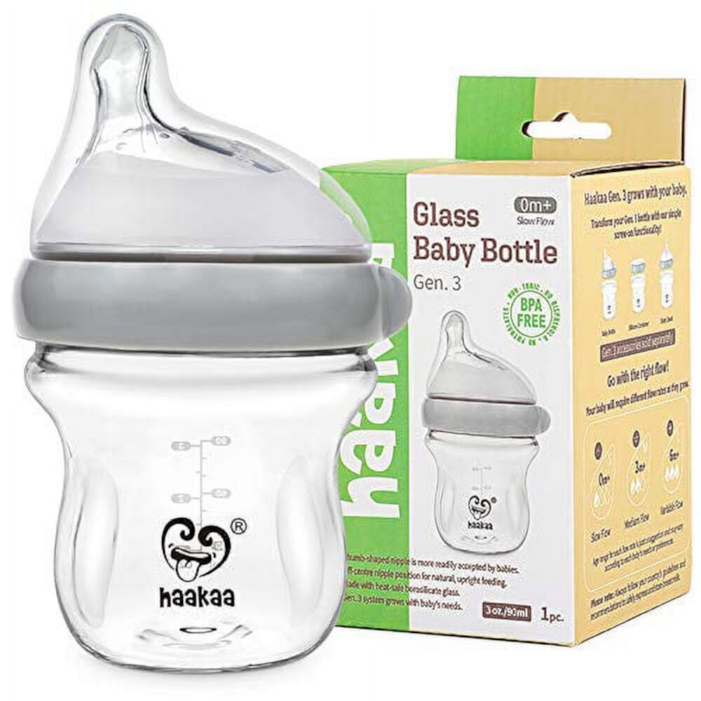 Haakaa Natural Glass Baby Bottles for Breastfeeding, Anti-Colic, Wide Neck, BPA Free (3oz/90ml, 0+ Months, 1 pc) Haakaa