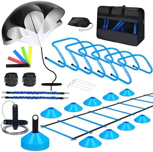 Syhood Agility Training Equipment Set Include 20ft Agility Ladders Agility Hurdles Soccer Cones Jump Rope Resistance Bands Resistance Parachute Speed Football Training Equipment for Youth Kid Syhood