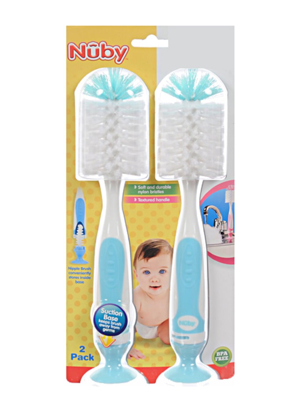 Nuby Baby 2-Pack 2 en 1 Cepillos para Biberones con Base de Succión - Lima, Talla Única NUBY