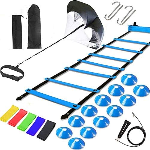 Agility Ladder Speed Training Equipment Set, Includes 12 Rung Agility Ladder,Running Parachute,Jump Rope,Resistance Bands,12 Resistance Cones for Football,Basketball,Hockey Training Athletes Kevirice