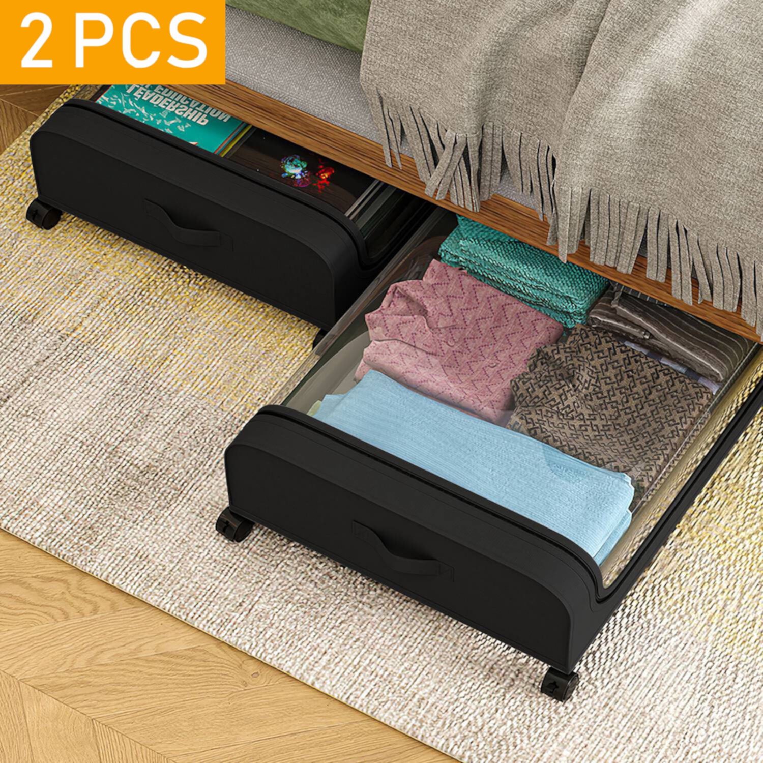 2 Pack Under bed Storage on Wheels, Under bed Storage Containers with Dust Cover, Under Bed Drawer Shoe Storage Organizer for Clothes, Bedding, Blankets, Toys NA