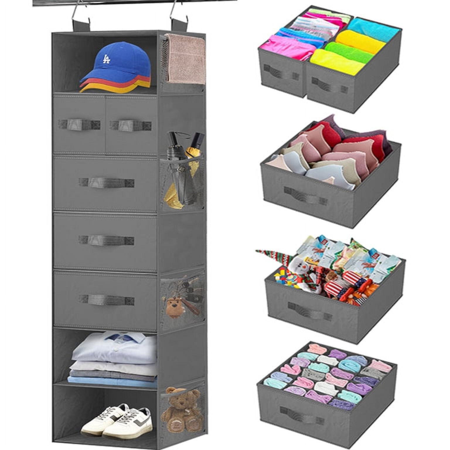 Homyfort 7-Shelves Hanging Closet Organizer with 5 Drawers, Hanging Closet Shelves Storage and 8 Mesh Pockets, Closet Organization and Storage for Wardrobe, Nursery, Baby, Underwear,Dorm,Gray Homyfort