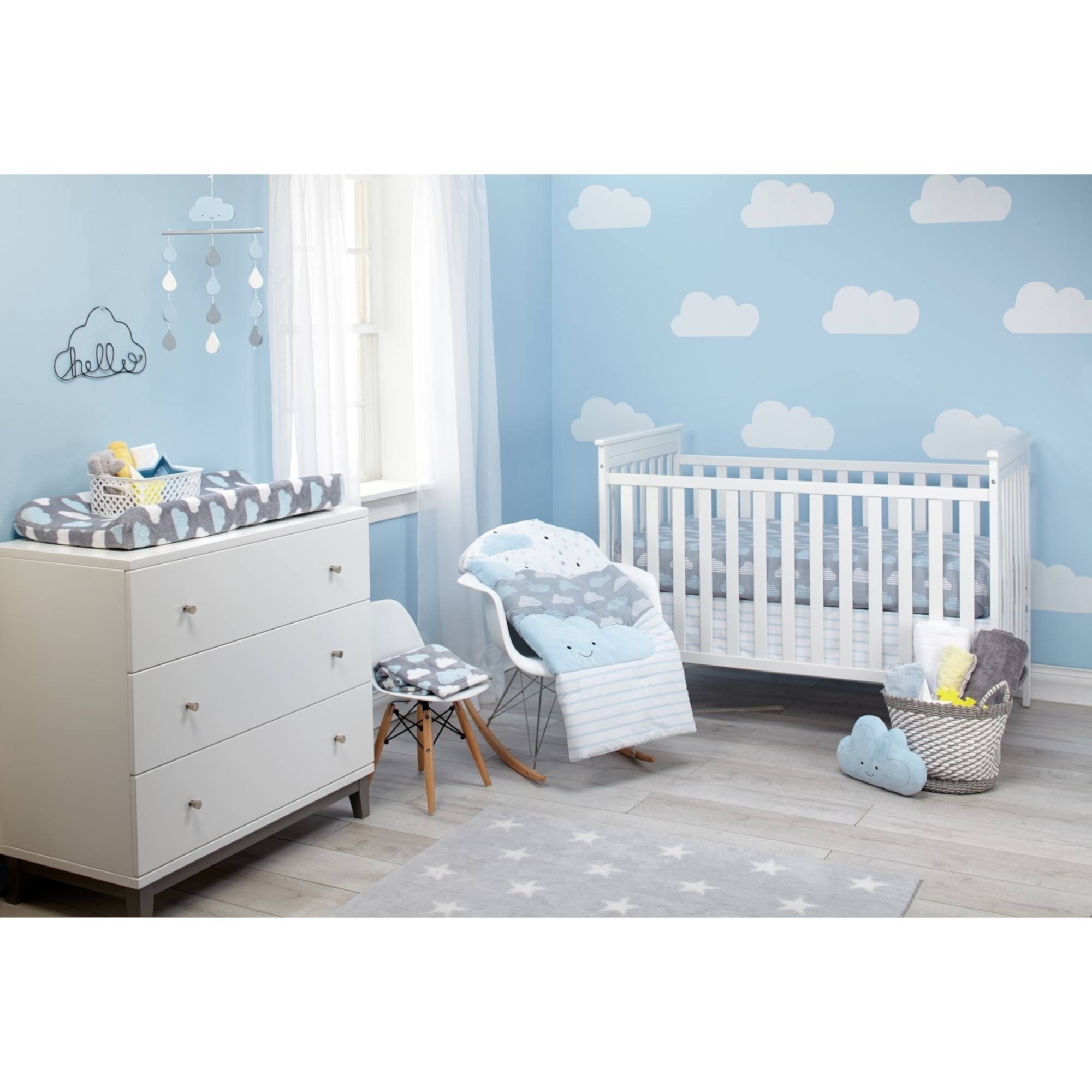 Little Love Happy Clouds 5pc Crib Set, Blue and Grey, Comforter, Two Sheets,Dust Ruffle, Wall Décor,Infant Boy Little Love by NoJo