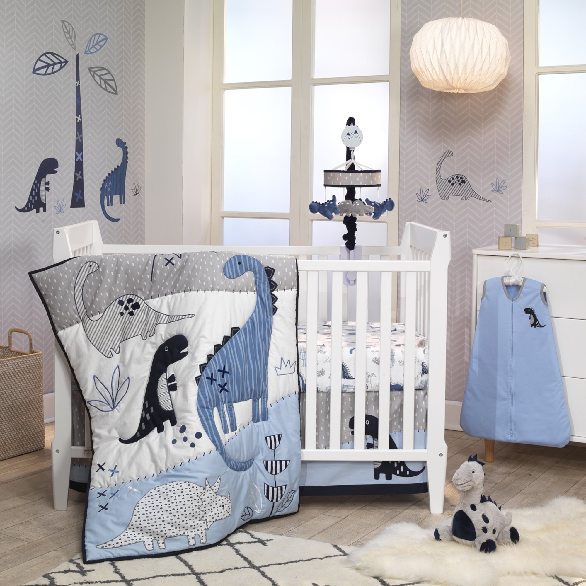 Lambs & Ivy Baby Dino Blue/White Dinosaur Nursery 6-Piece Crib Bedding Set Lambs & Ivy