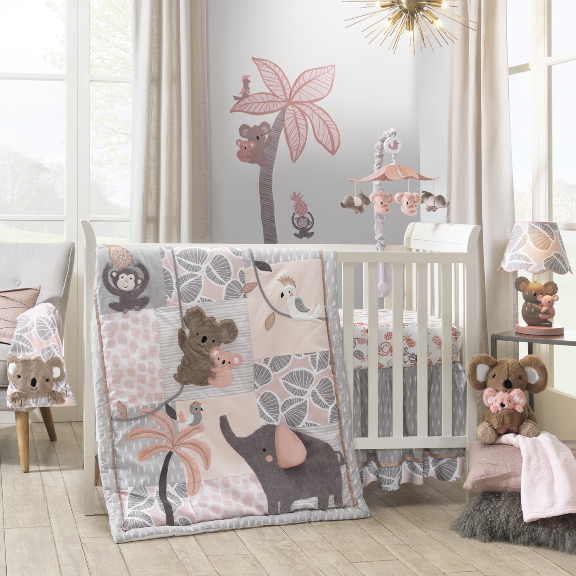 Lambs & Ivy Calypso 4-Piece Crib Bedding Set - Pink, Gray, Gold, Animals, Jungle Lambs & Ivy