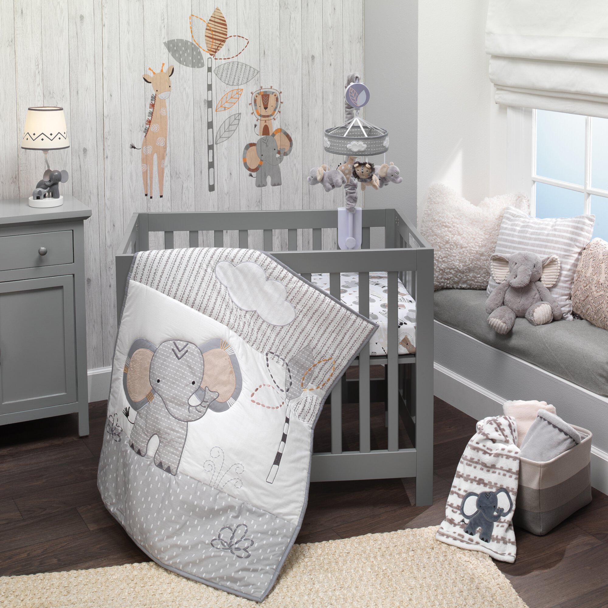 Lambs & Ivy Jungle Safari Elephant 3-Piece Mini Crib Bedding Set - Gray/White Lambs & Ivy