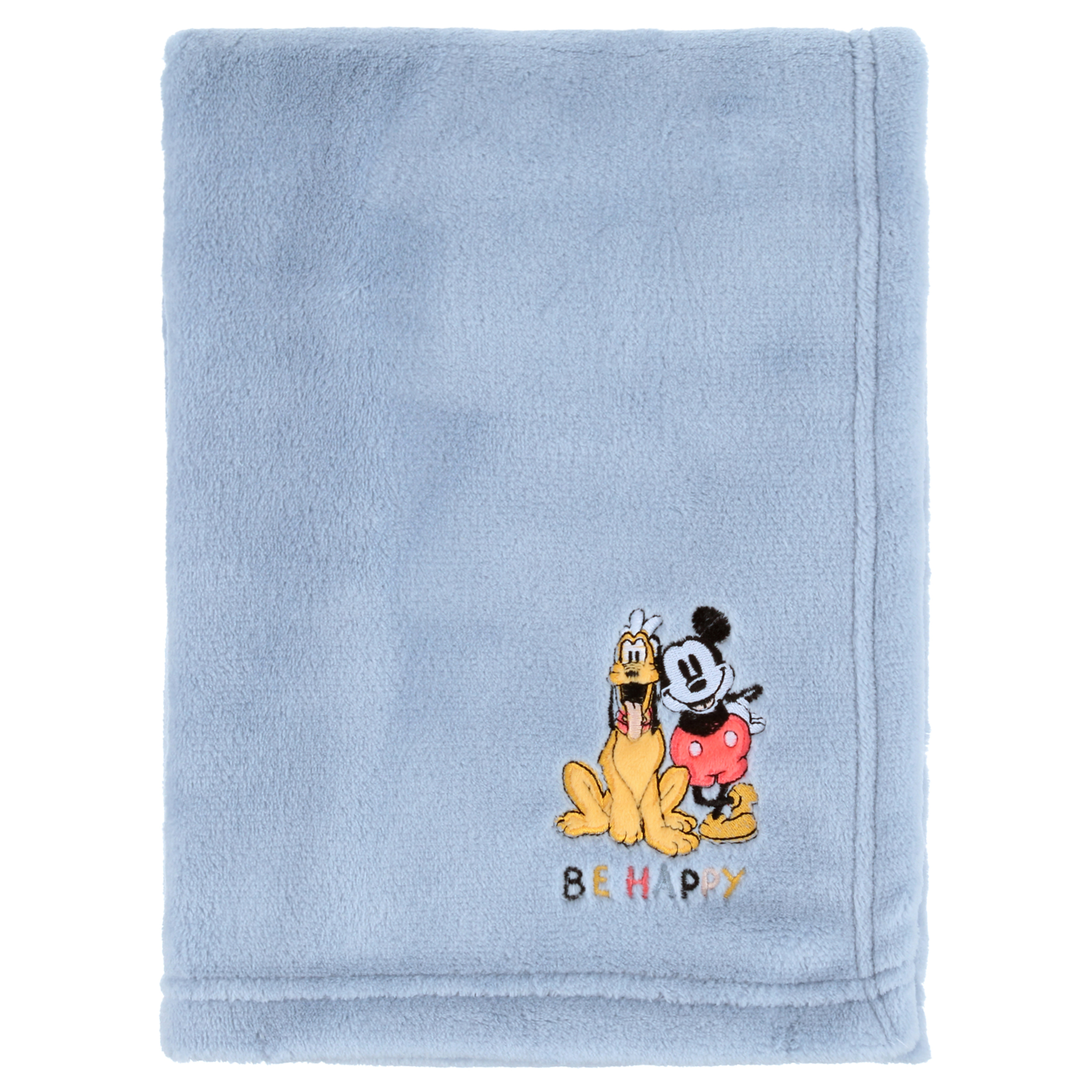 disney mickey and friends blue, gold and red pluto and mickey mouse be happy super soft appliqued baby blanket Disney