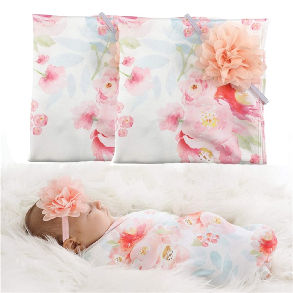 EIMELI 2PCS Baby Swaddle Blanket For Girls Newborn Receiving Blanket Infants Floral Wrap And Headbands With Pink Rose Sets EIMELI