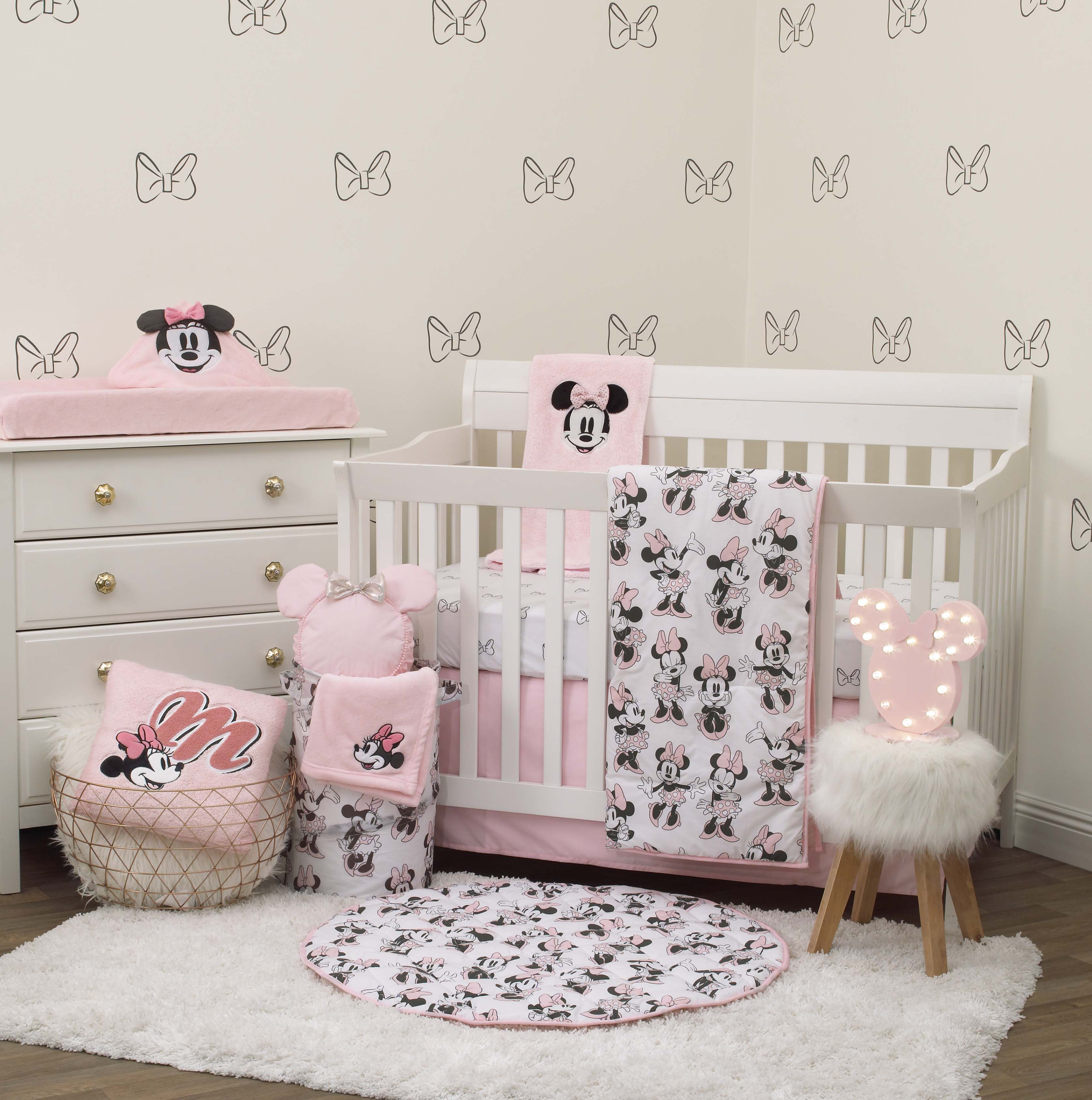 Disney Minnie Mouse 6 Piece Nursery Crib Bedding Set, Comforter, Two 100% Cotton Fitted Crib Sheets, Dust Ruffle, Baby Blanket, Changing Pad Cover, Pink, Grey & White Disney