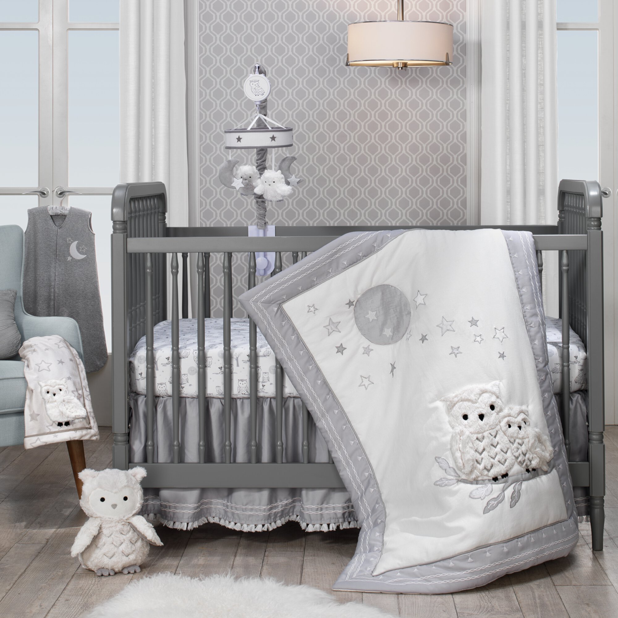 Lambs & Ivy Luna White/Gray Celestial Owl 4-Piece Nursery Baby Crib Bedding Set Lambs & Ivy